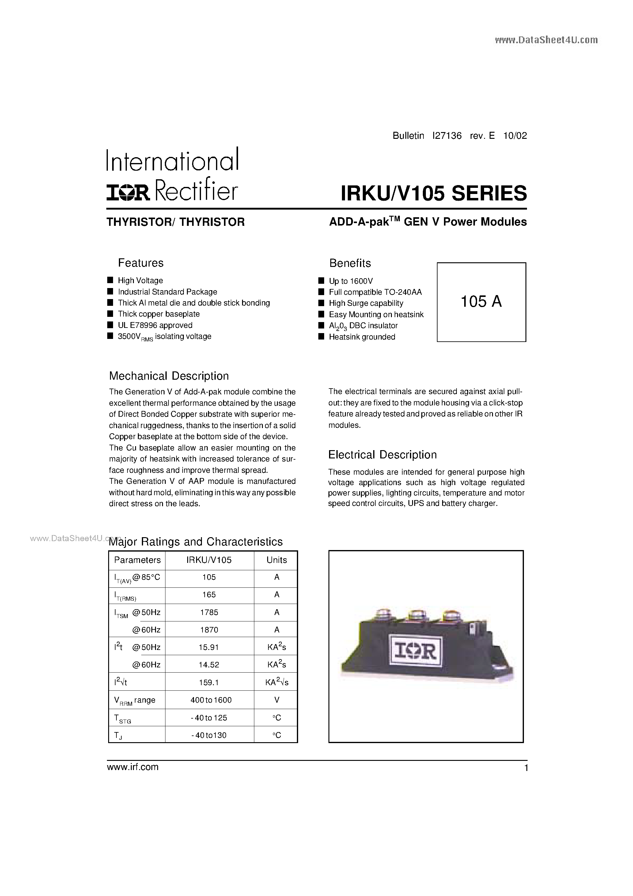 Datasheet IRKU105 - ADD-A-pak GEN V Power Modules THYRISTOR page 1