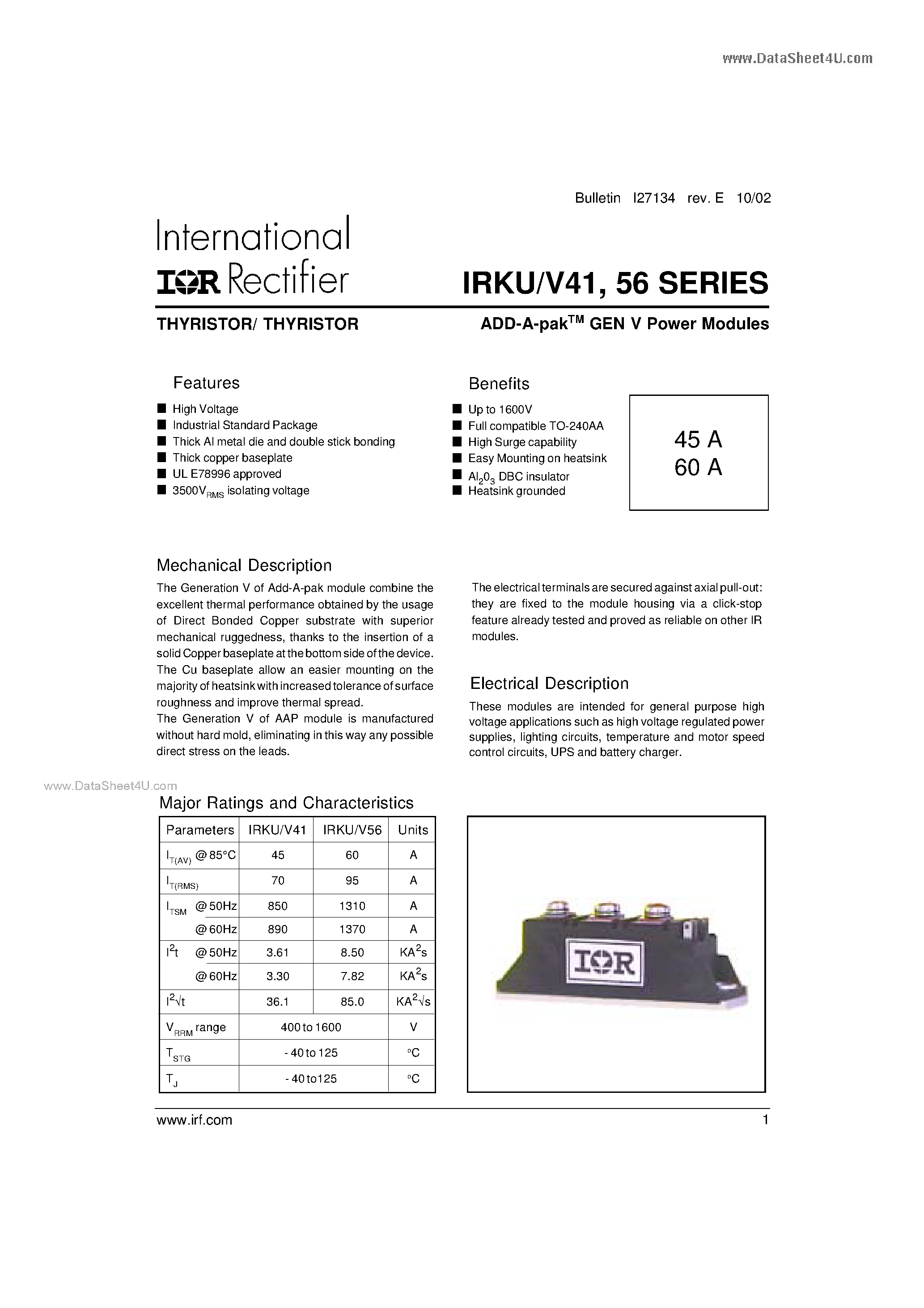 Datasheet IRKU41 - ADD-A-pakTM GEN V Power Modules page 1