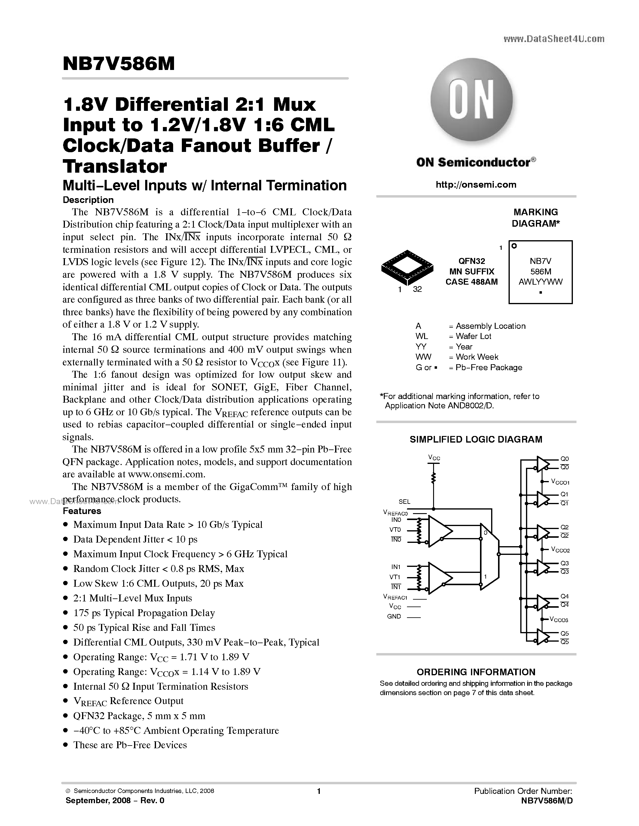 Даташит NB7V586M - 1.8V Differential 2:1 Mux Input to 1.2V/1.8V 1:6 CML Clock/Data Fanout Buffer / Translator страница 1