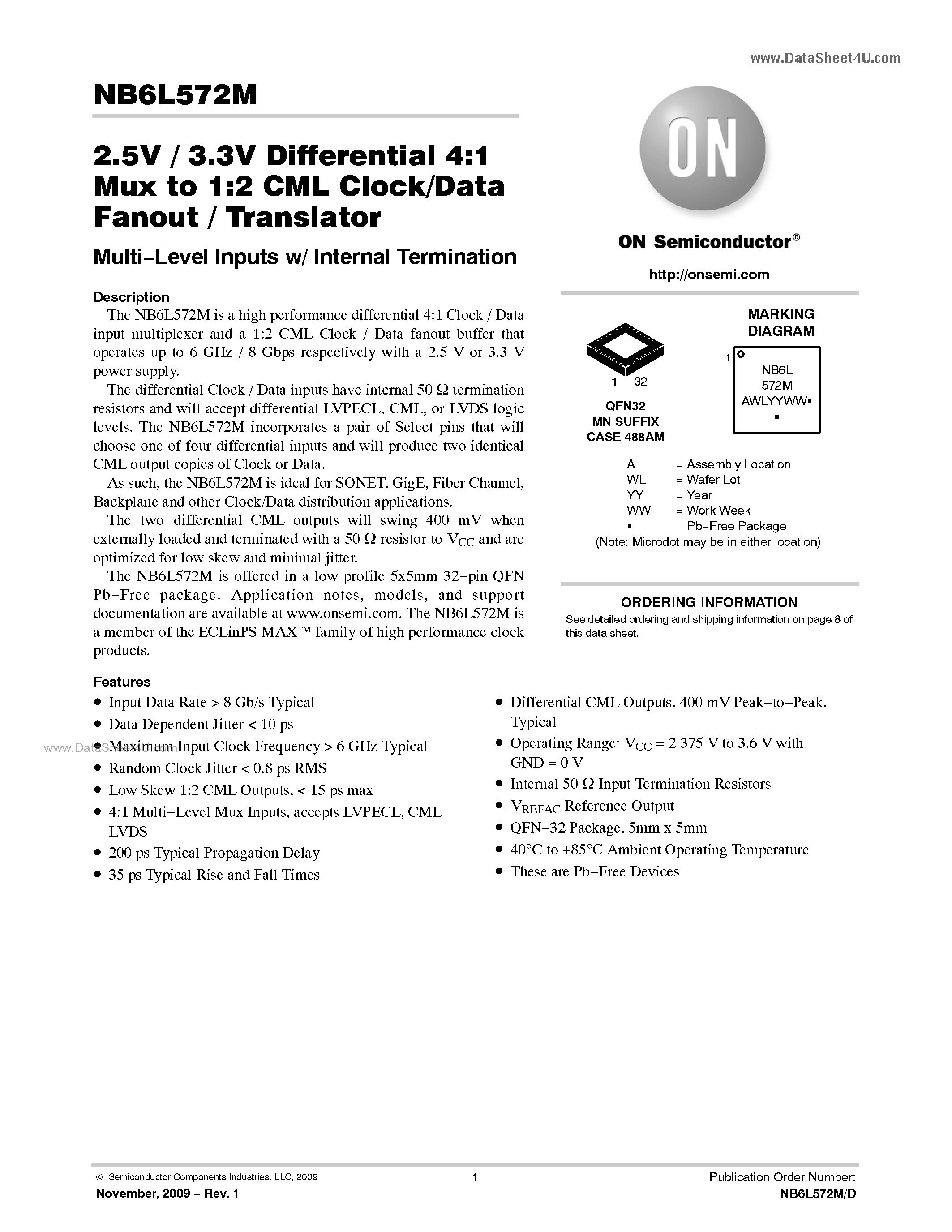 Даташит NB6L572M - 2.5V / 3.3V Differential 4:1 Mux To 1:2 CML Clock/Data Fanout / Translator страница 1