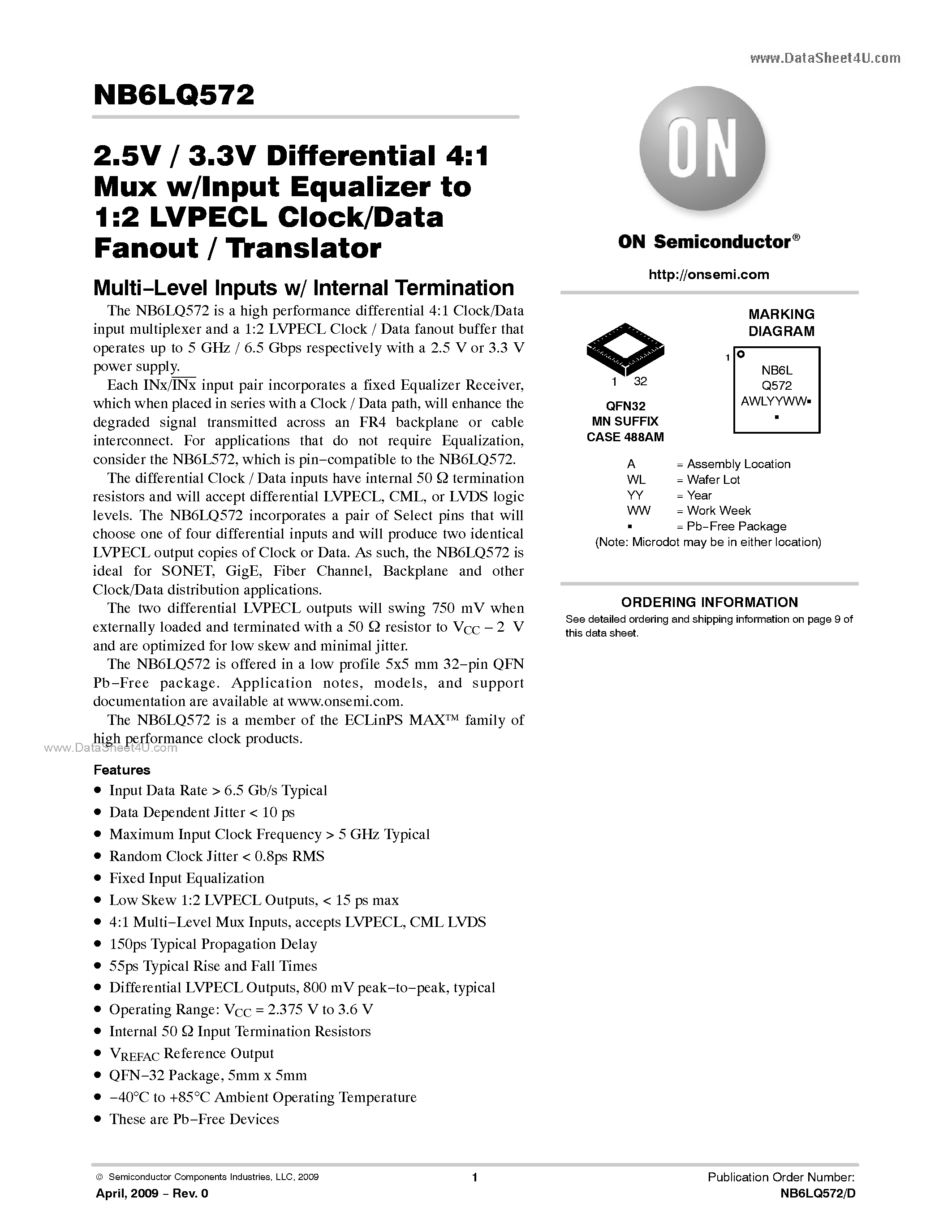 Даташит NB6LQ572 - 2.5V / 3.3V Differential 4:1 Mux w/Input Equalizer to 1:2 LVPECL Clock/Data Fanout / Translator страница 1