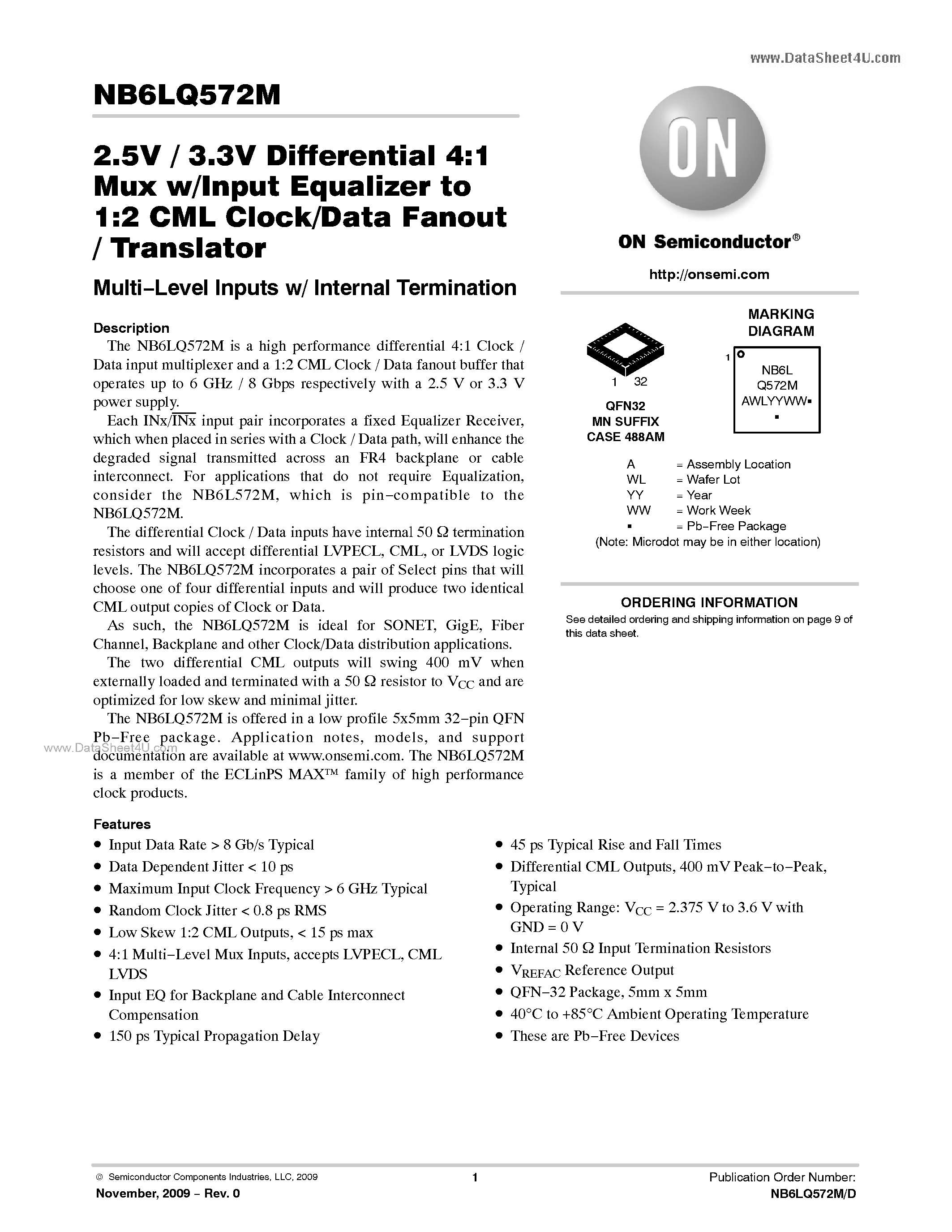 Даташит NB6LQ572M - 2.5V / 3.3V Differential 4:1 Mux w/Input Equalizer to 1:2 CML Clock/Data Fanout / Translator страница 1