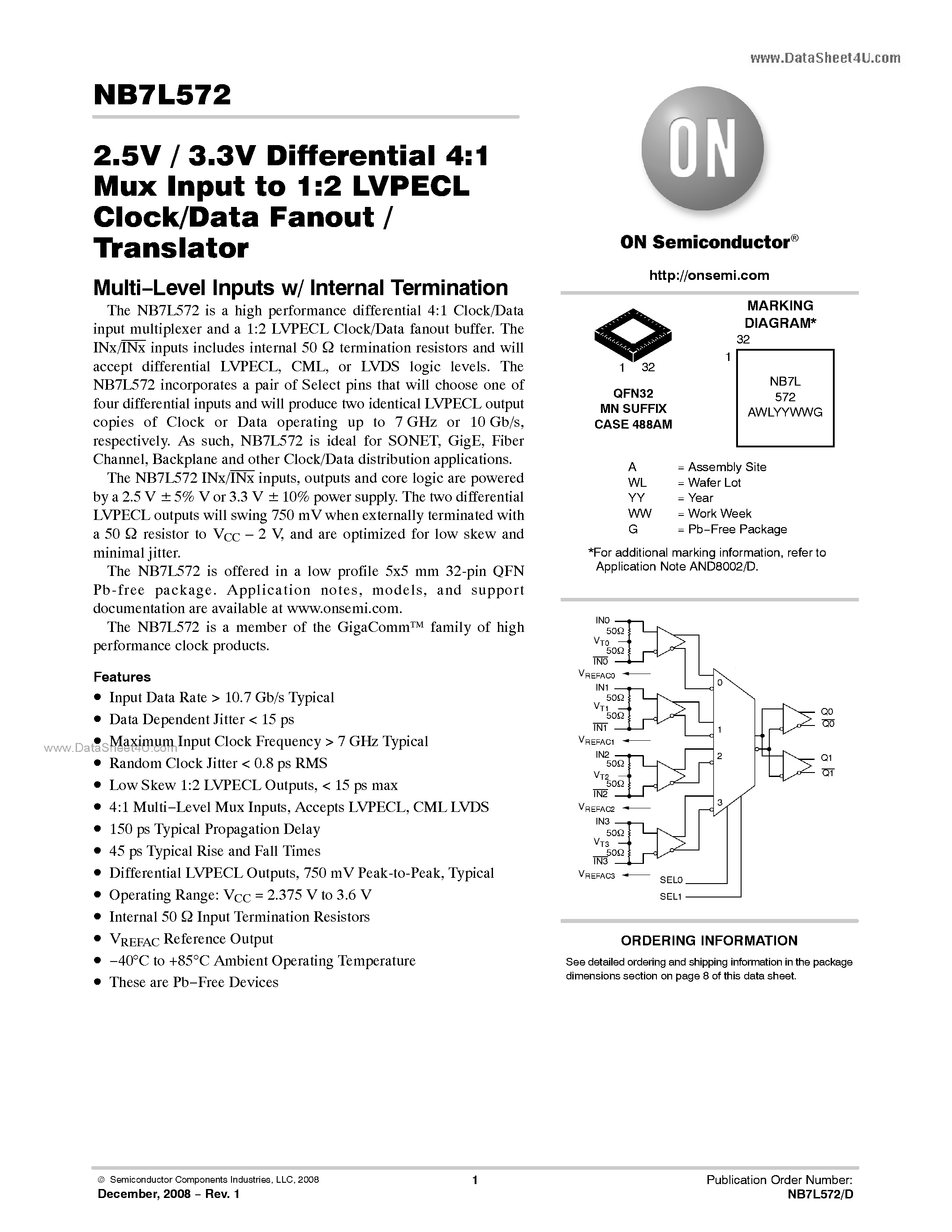 Даташит NB7L572 - 2.5 V / 3.3 V Differential 4:1 Mux Input To 1:2 LVPECL Clock/Data Fanout/Translator страница 1