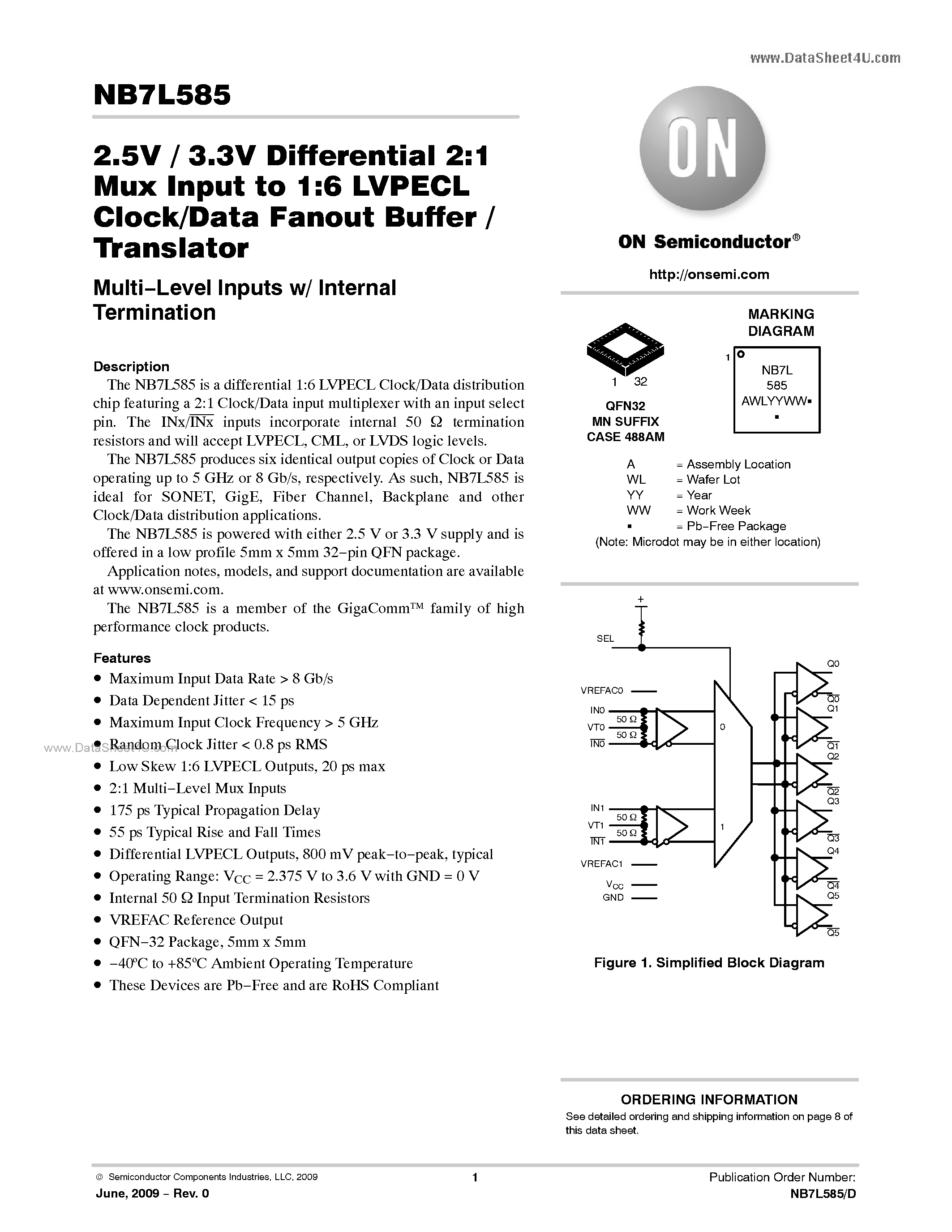 Даташит NB7L585 - 2.5 V / 3.3 V Differential 2:1 Mux Input To 1:6 LVPECL Clock/Data Fanout Buffer / Translator страница 1