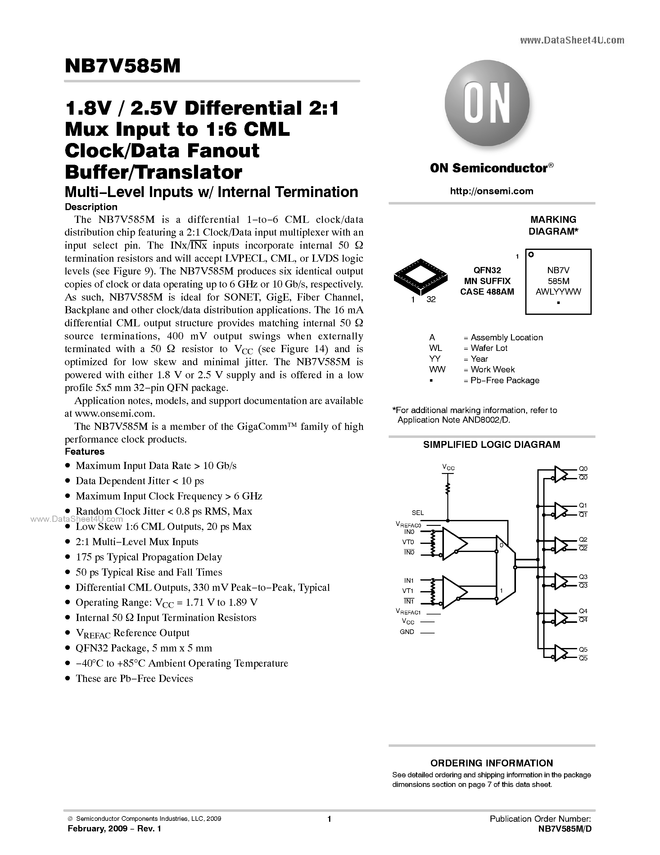 Даташит NB7V585M - 1.8 V / 2.5 V Differential 2:1 Mux Input To 1:6 CML Clock/Data Fanout Buffer/Translator страница 1