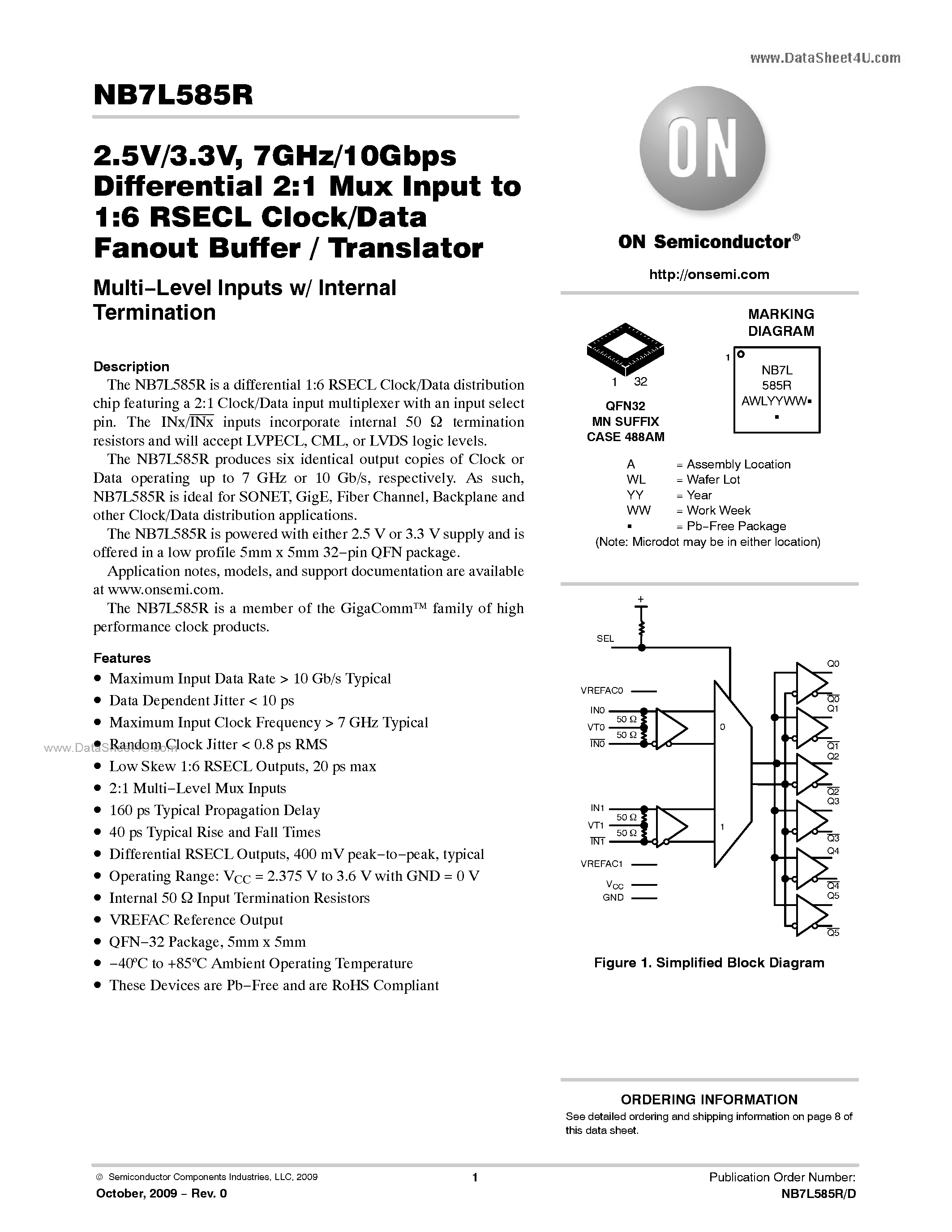 Даташит NB7L585R - 2.5V/3.3V 7GHz/10Gbps Differential 2:1 Mux Input to 1:6 RSECL Clock/Data Fanout Buffer страница 1