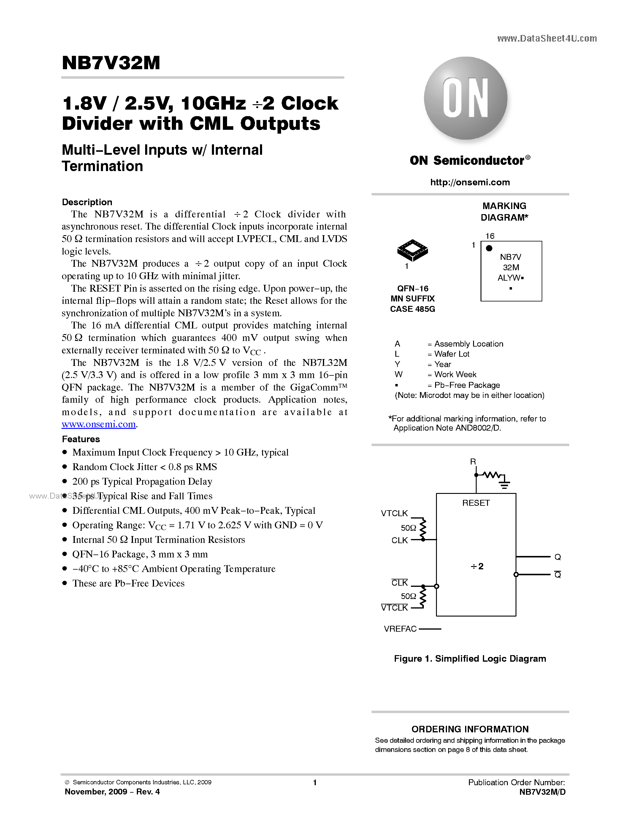 Даташит NB7V32M - 10 GHz/2 Clock Divider страница 1