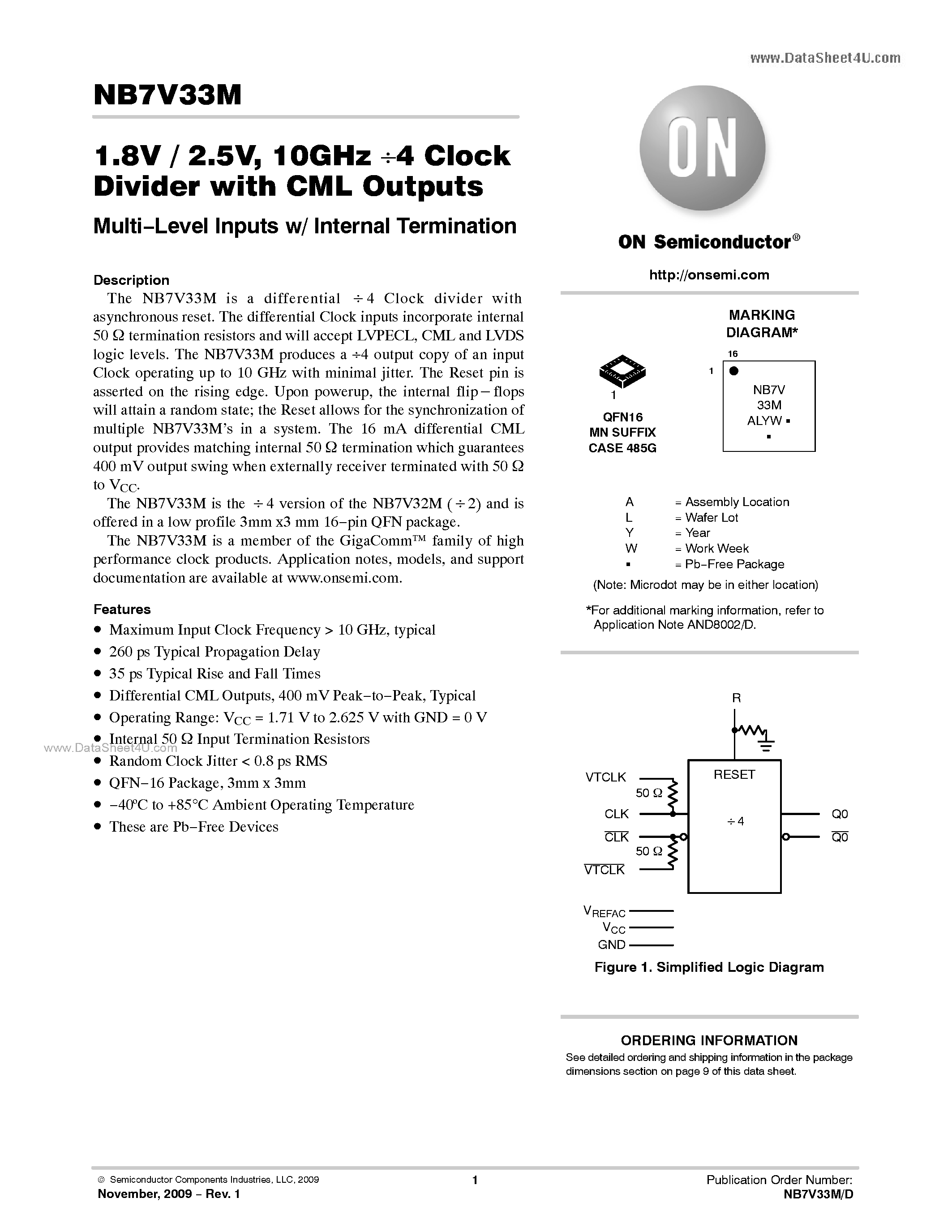 Даташит NB7V33M - 1.8V / 2.5V 10GHz Div By 4 Clock Divider страница 1