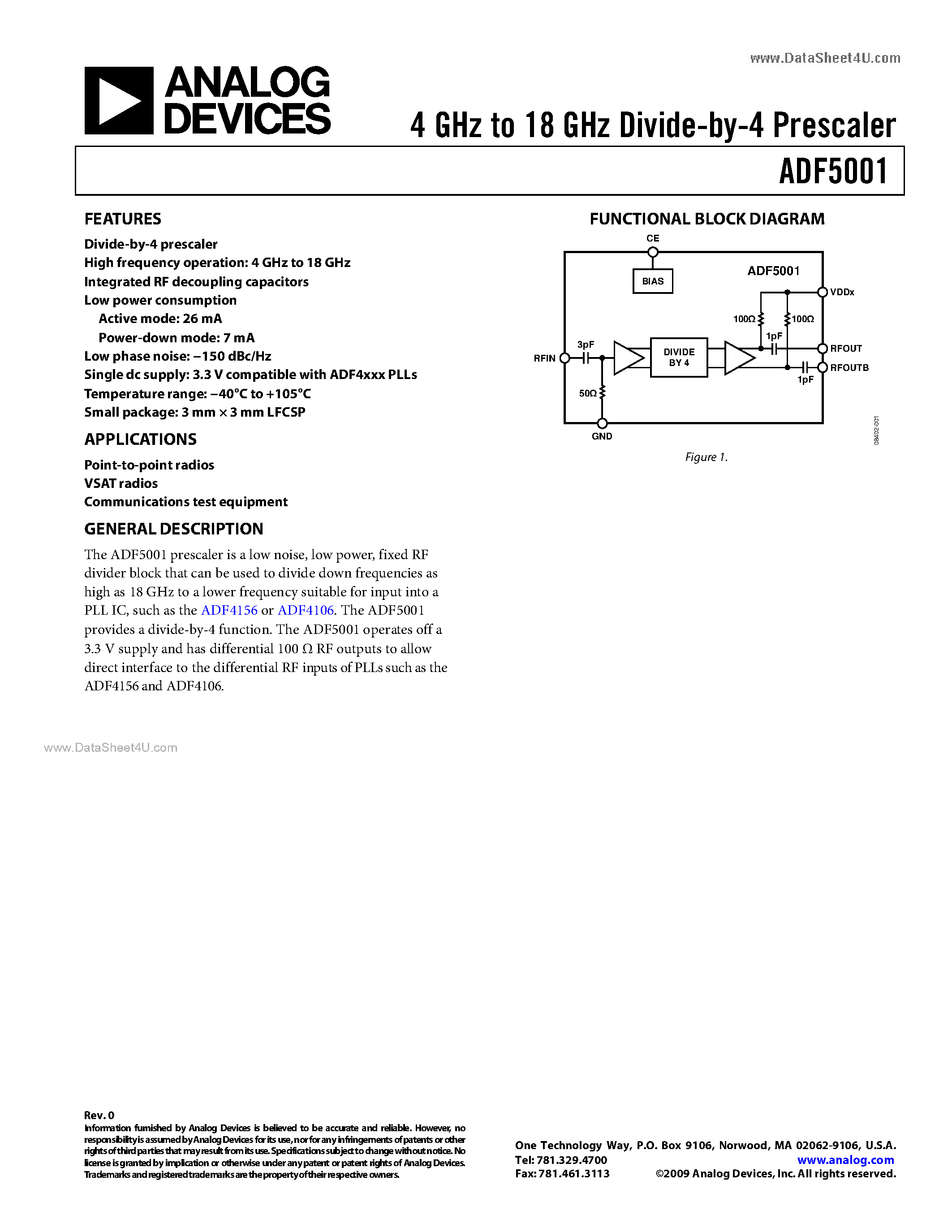 Datasheet ADF5001 - 4 GHz to 18 GHz Divide-by-4 Prescaler page 1