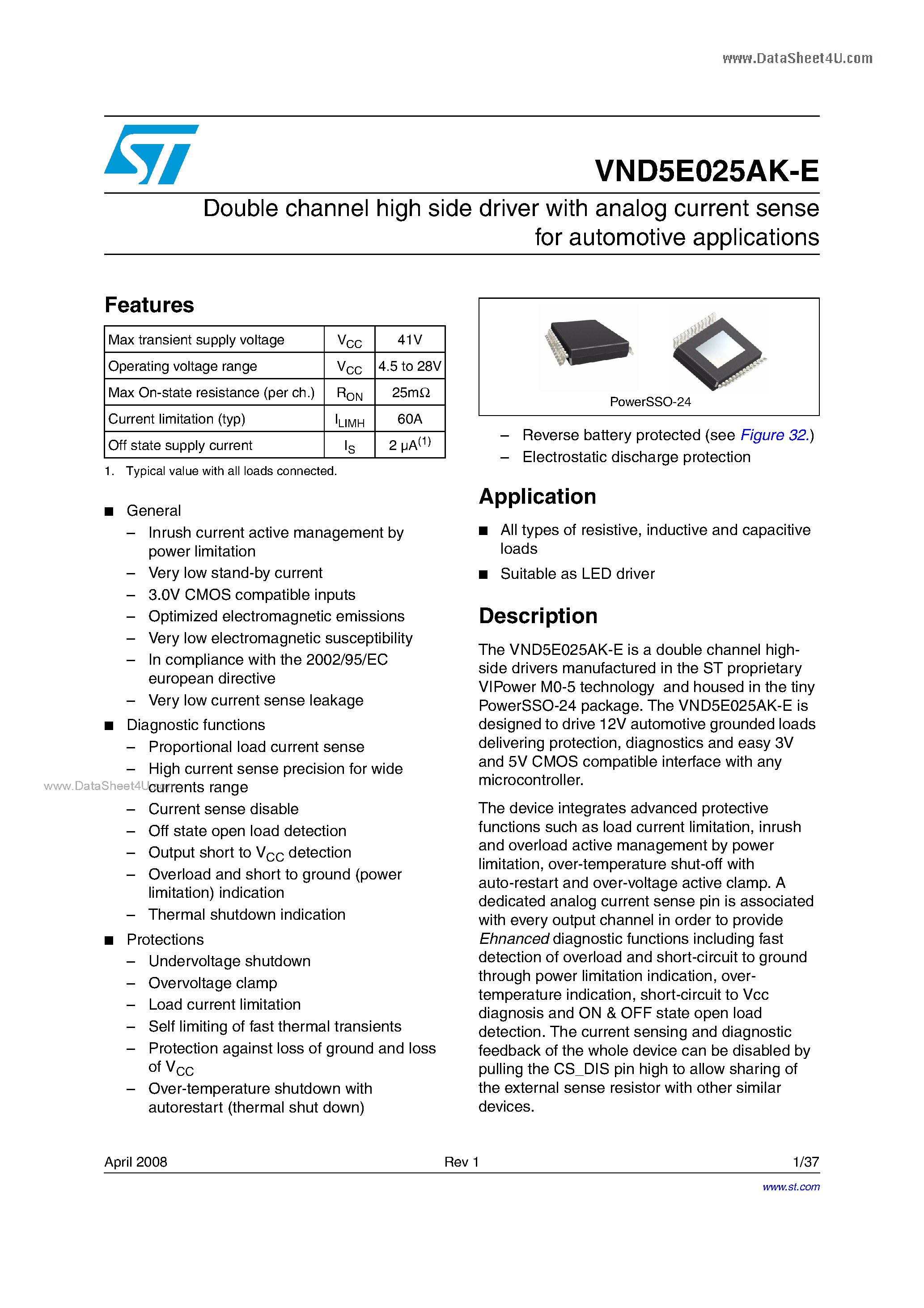 Datasheet VND5E025AK-E - Double channel high side driver page 1