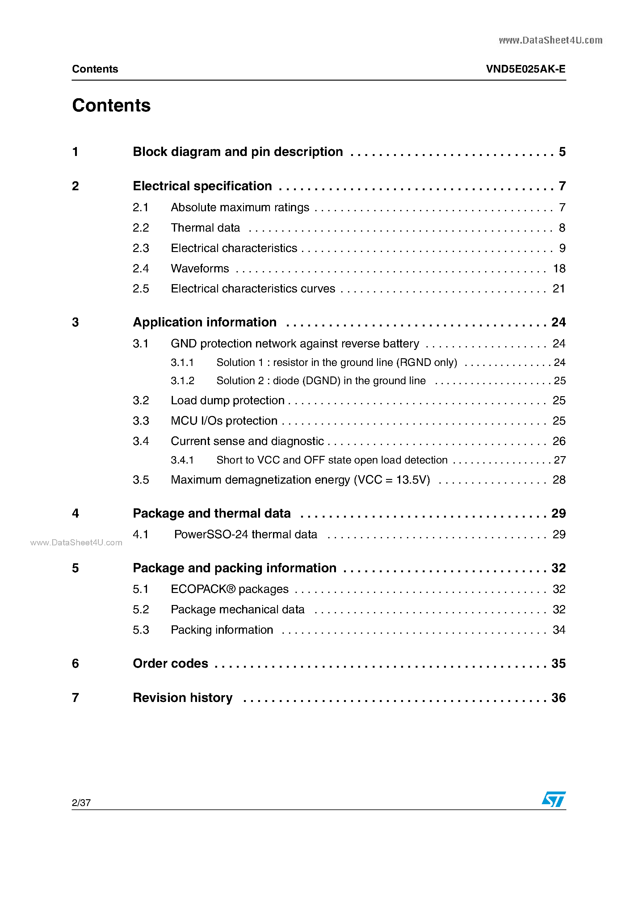 Datasheet VND5E025AK-E - Double channel high side driver page 2