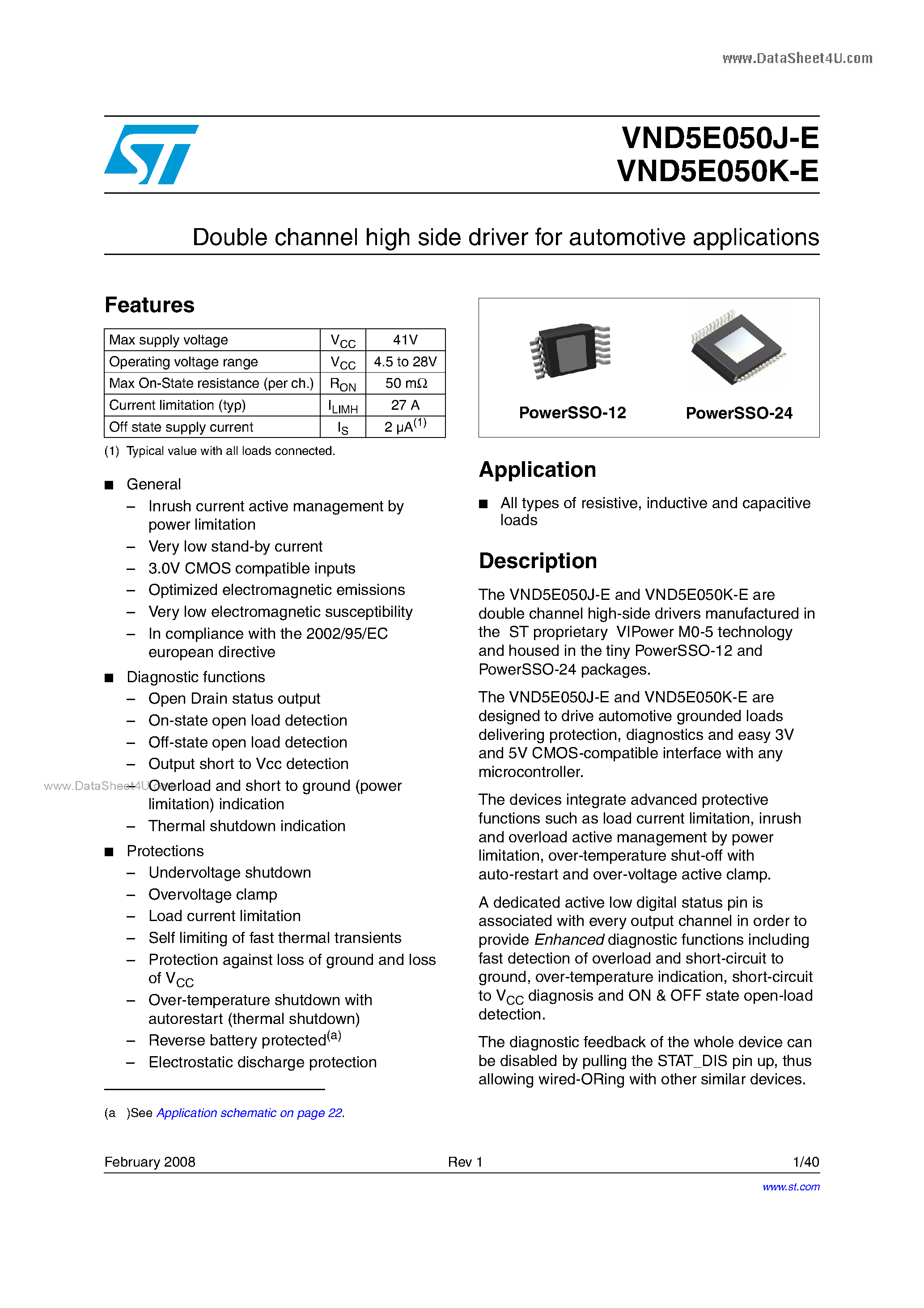 Datasheet VND5E050J-E - Double channel high side driver page 1