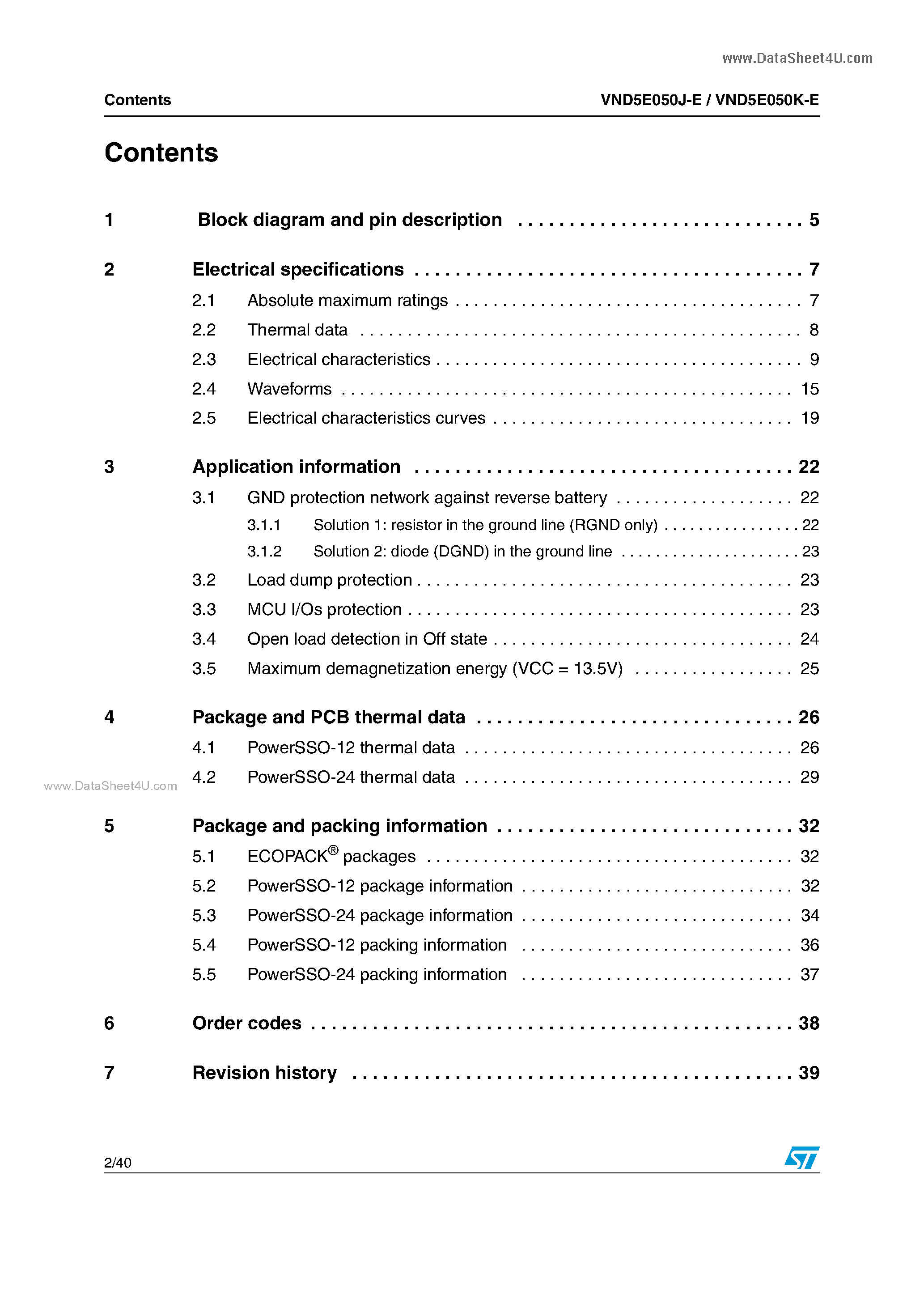 Datasheet VND5E050J-E - Double channel high side driver page 2