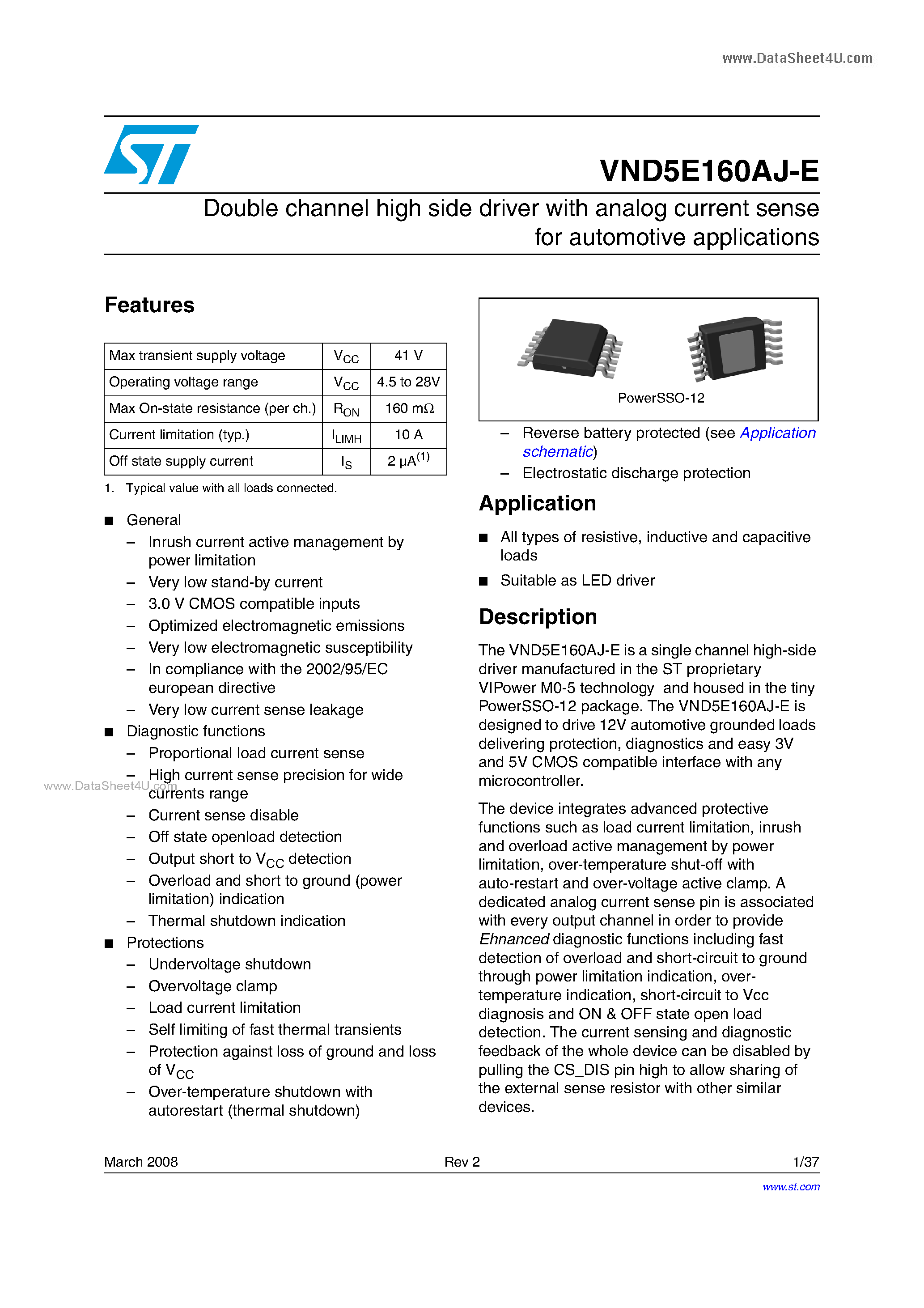 Datasheet VND5E160AJ-E - Double channel high side driver page 1