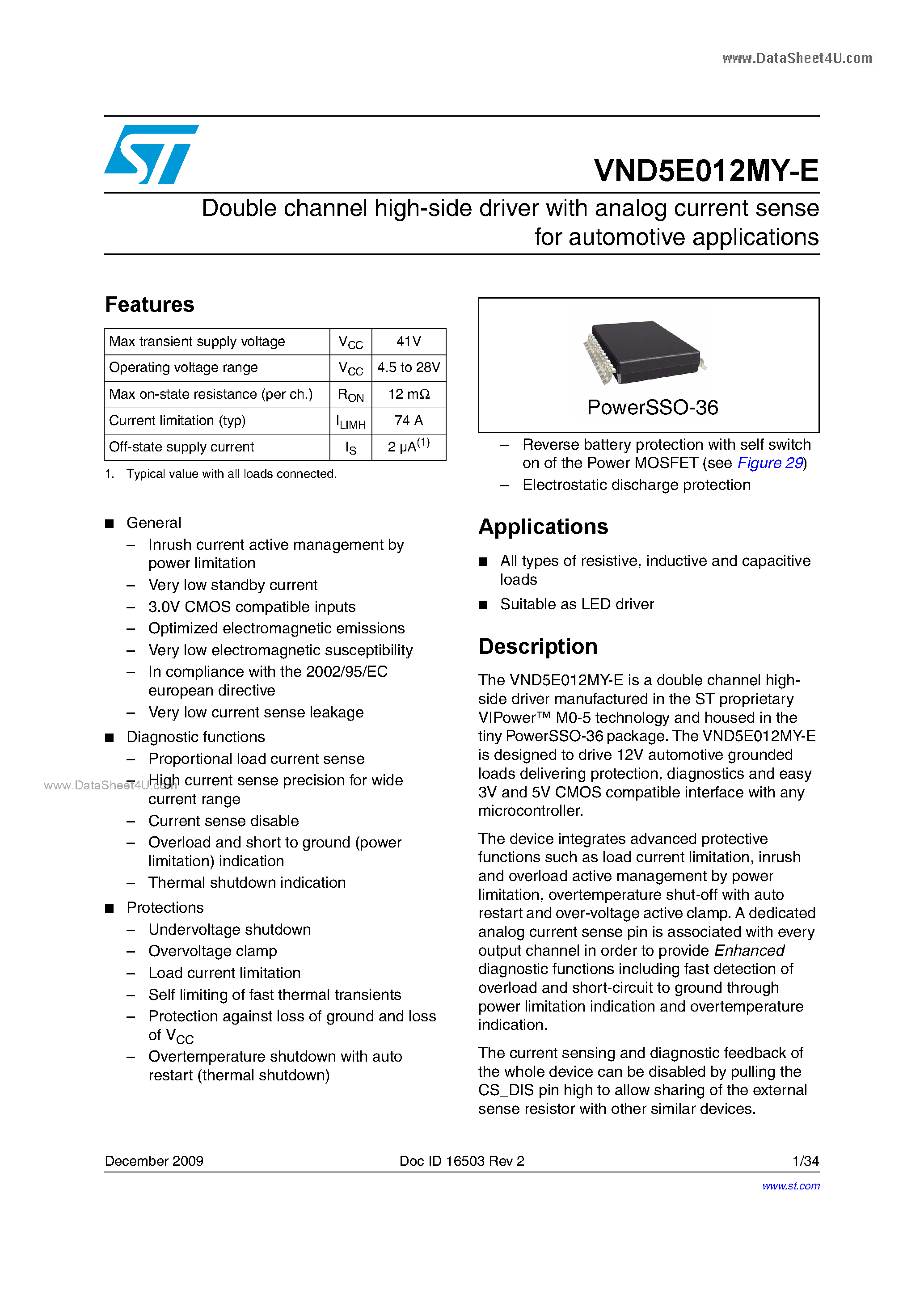 Datasheet VND5E012MY-E - Double channel high-side driver page 1