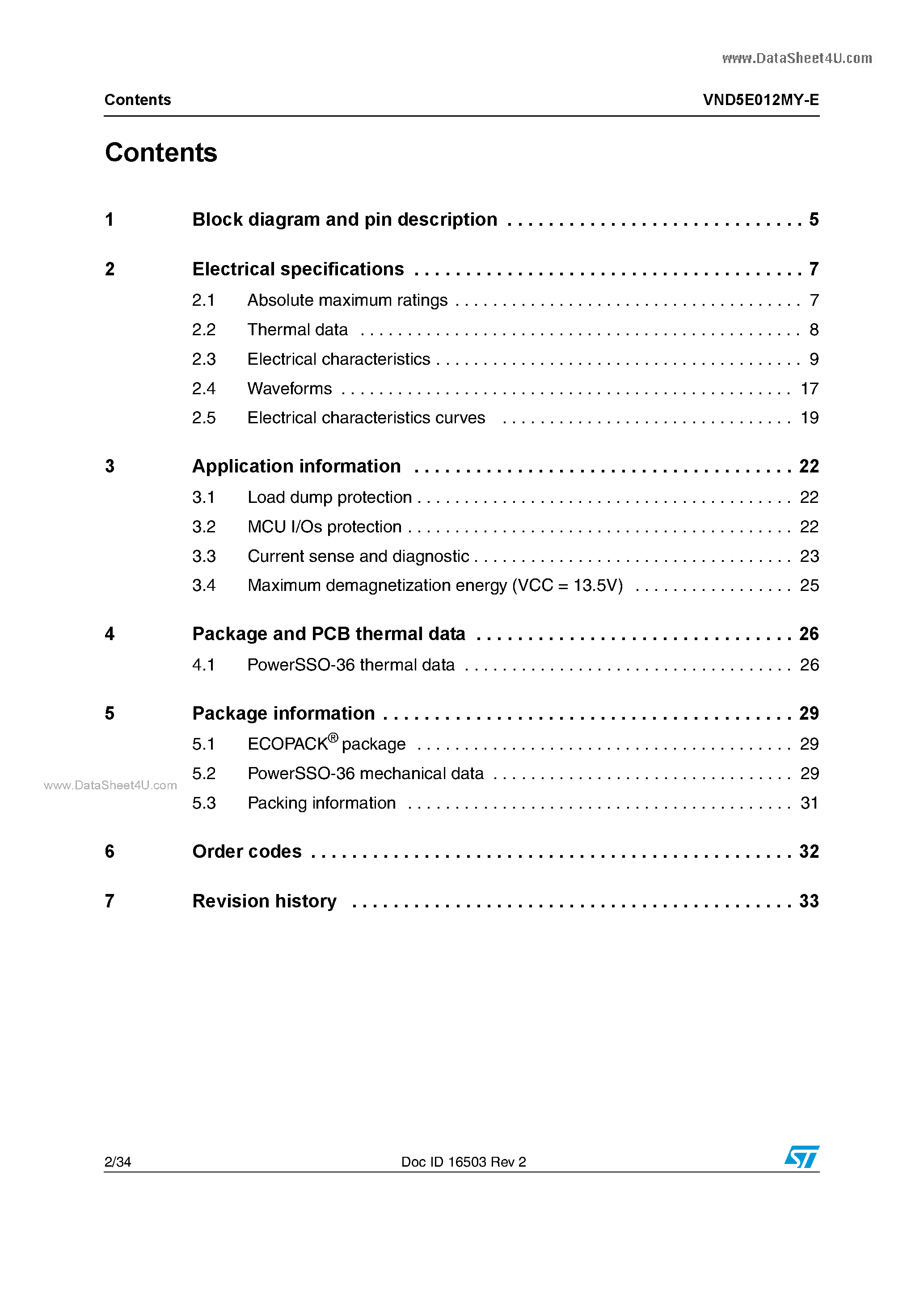 Datasheet VND5E012MY-E - Double channel high-side driver page 2