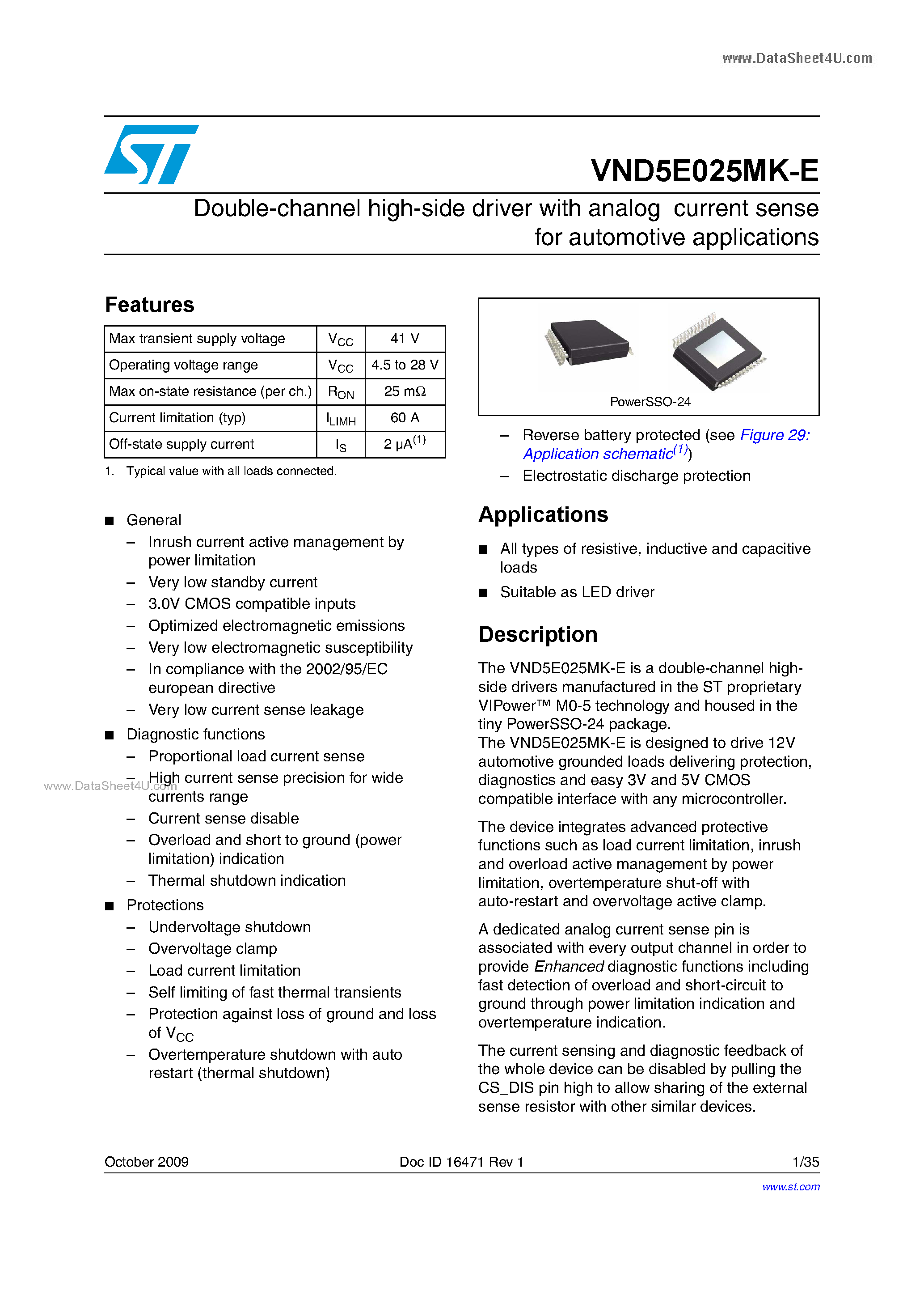 Datasheet VND5E025MK-E - Double channel high-side driver page 1