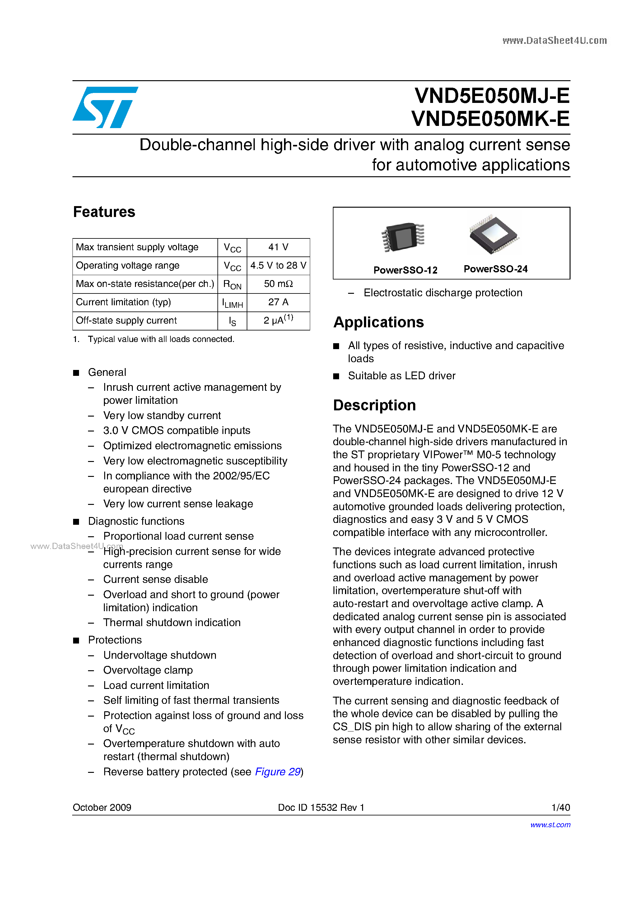 Datasheet VND5E050MJ-E - Double-channel high-side driver page 1