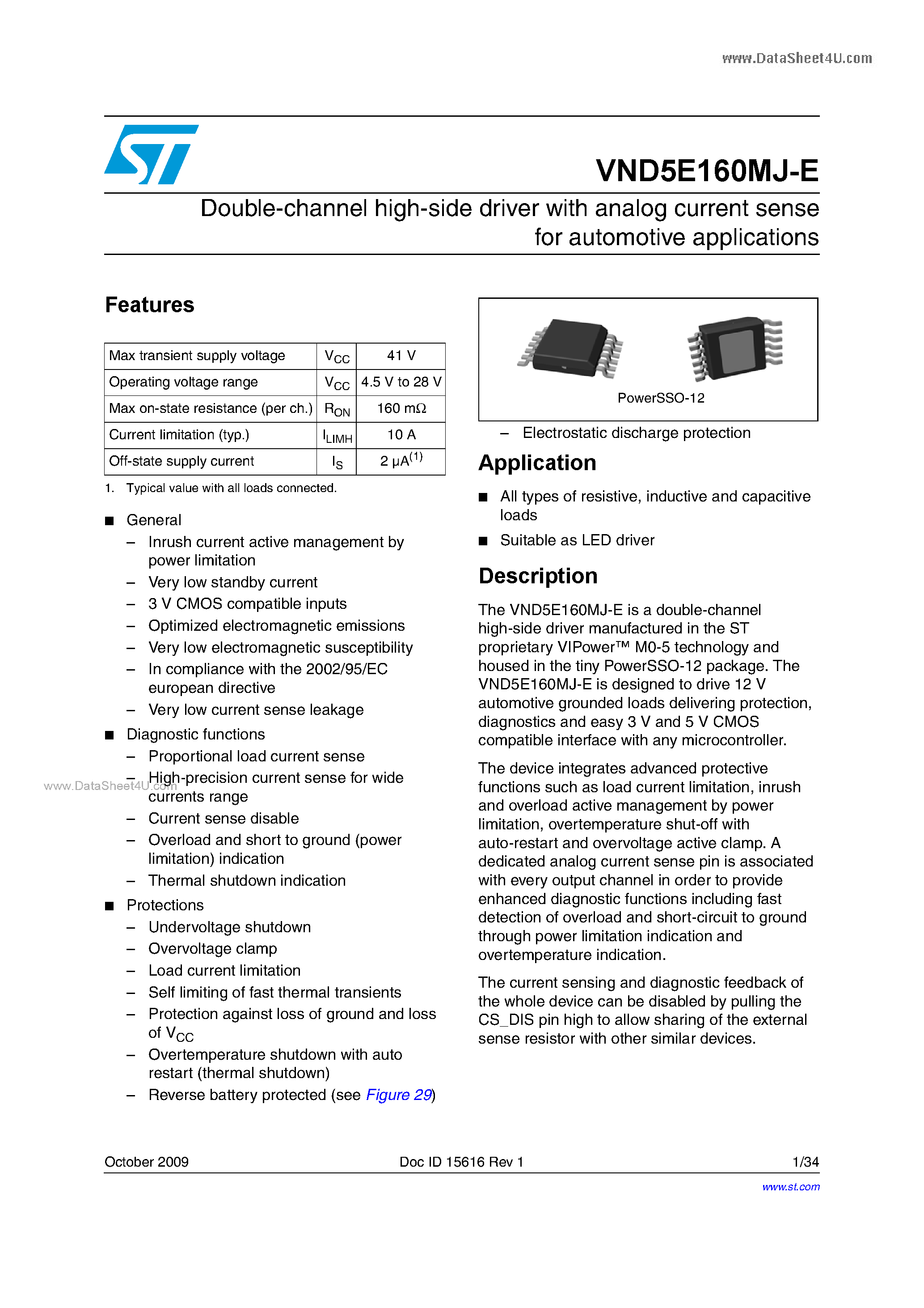 Datasheet VND5E160MJ-E - Double-channel high-side driver page 1