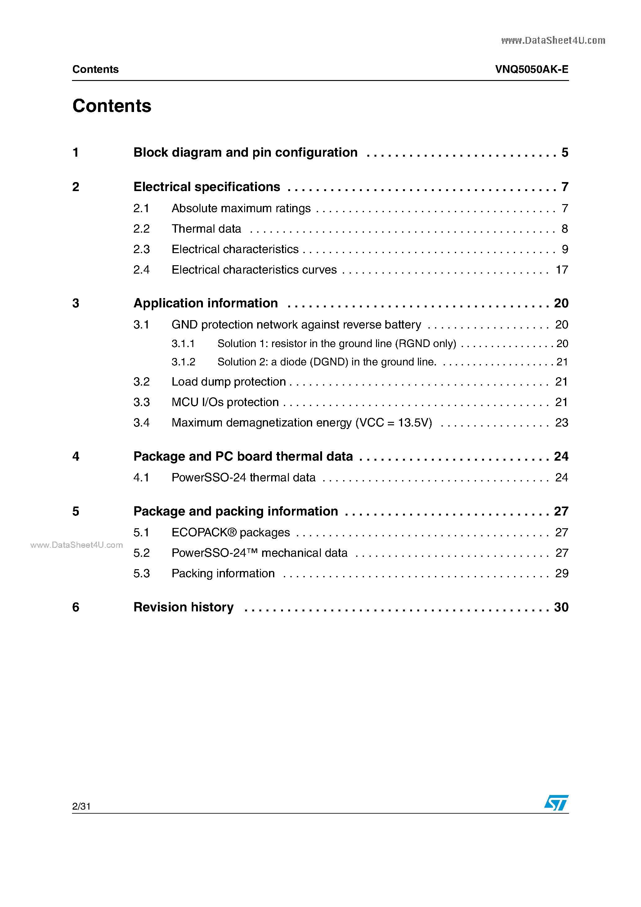 Datasheet VNQ5050AK-E - Quad channel high side driver page 2