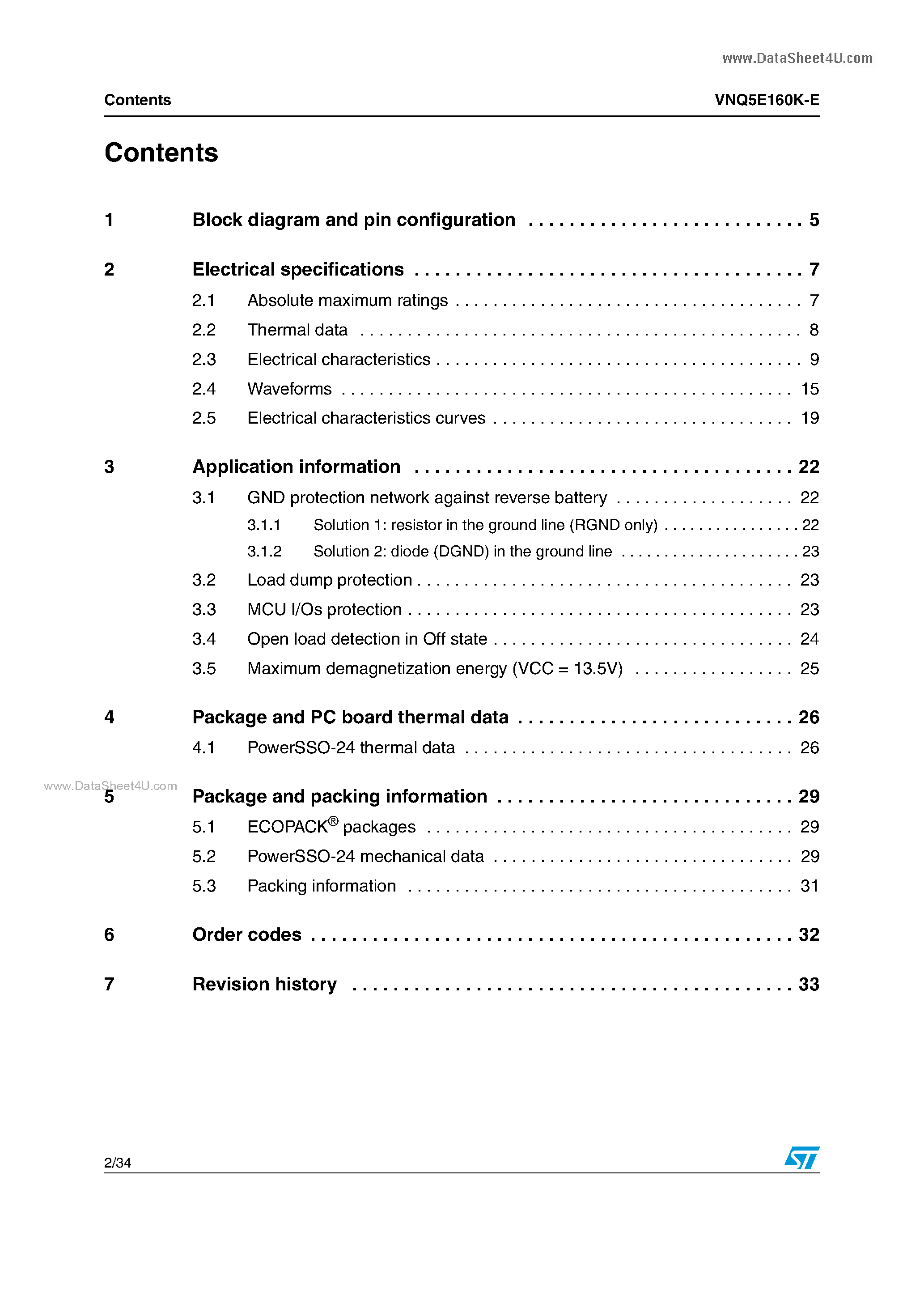 Datasheet VNQ5E160K-E - Quad channel high side driver page 2