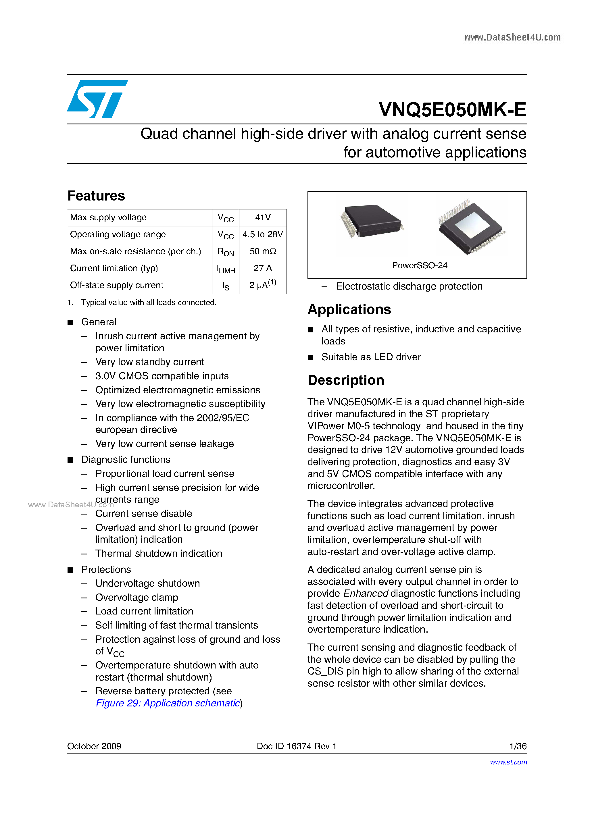 Datasheet VNQ5E050MK-E - Quad channel high-side driver page 1