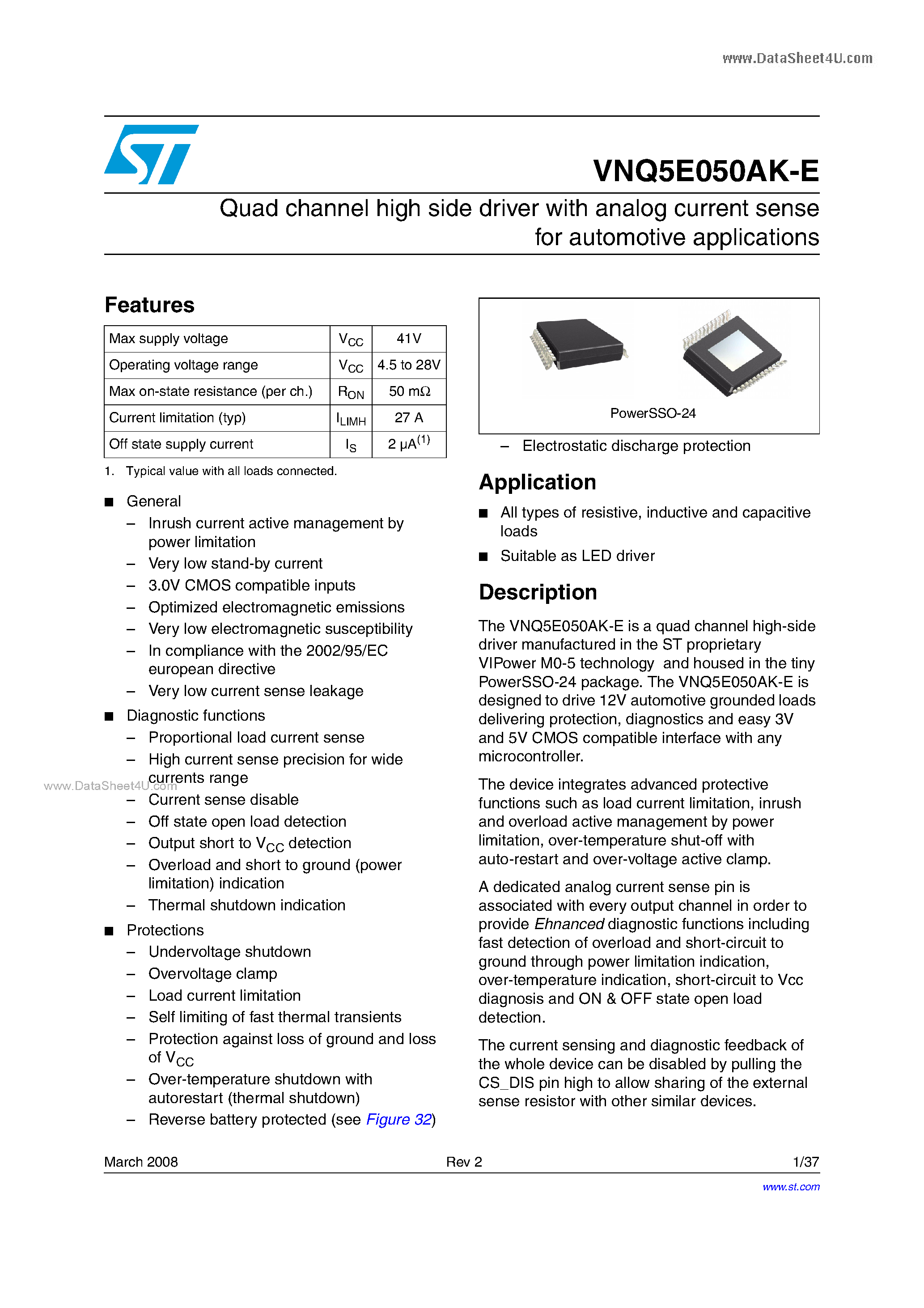 Datasheet VNQ5E050AK-E - Quad channel high side driver page 1