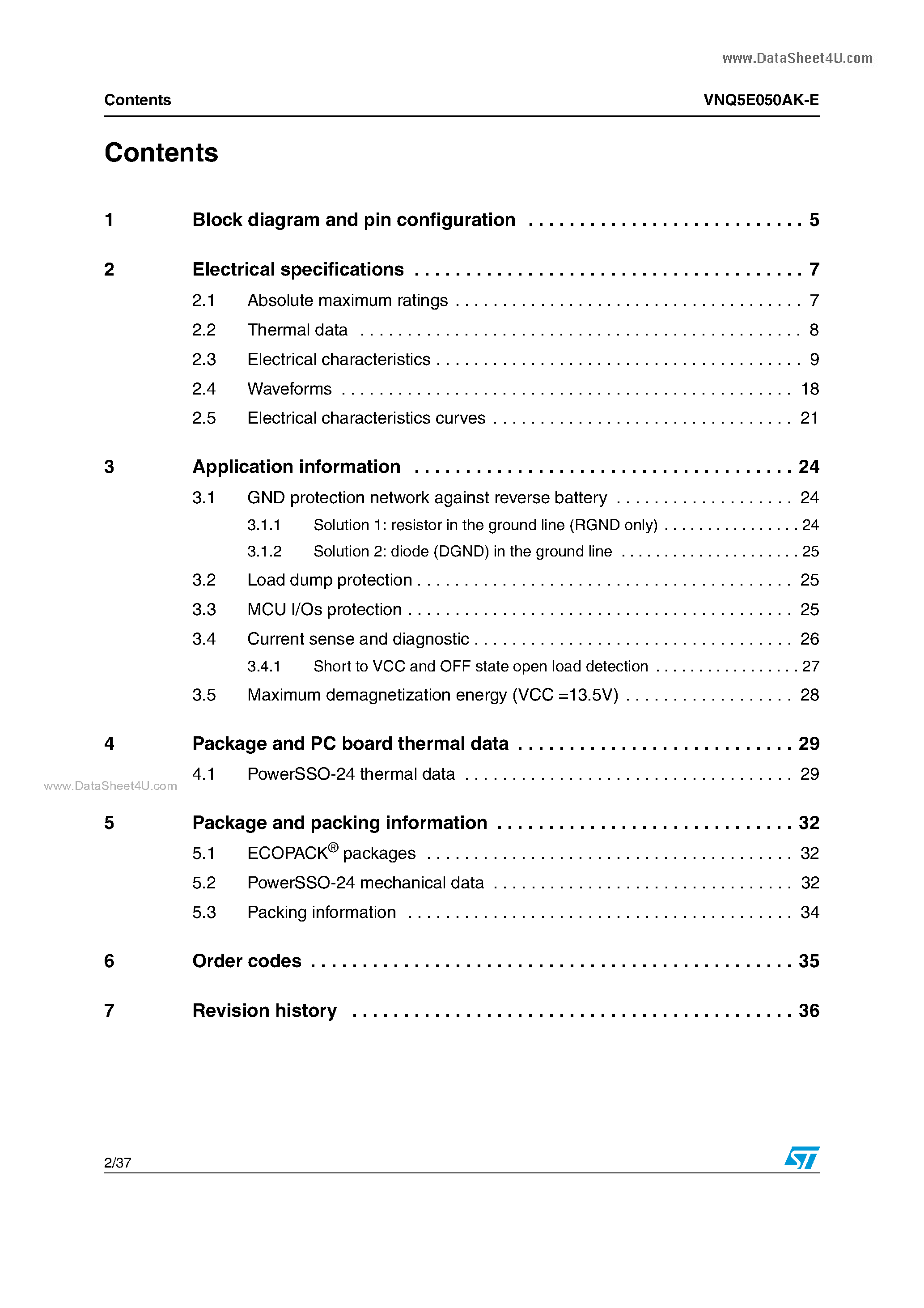 Datasheet VNQ5E050AK-E - Quad channel high side driver page 2