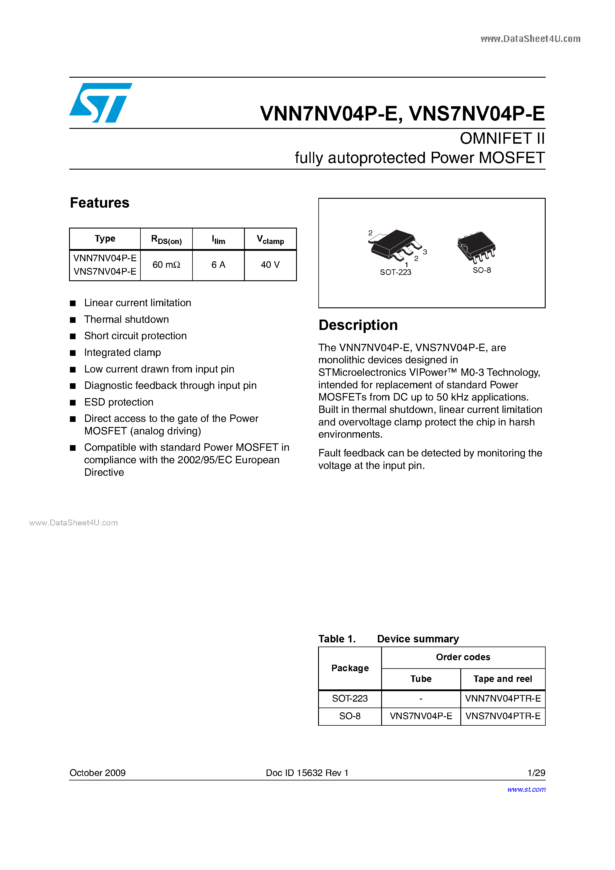 Datasheet VNS7NV04P-E - OMNIFET II fully autoprotected Power MOSFET page 1