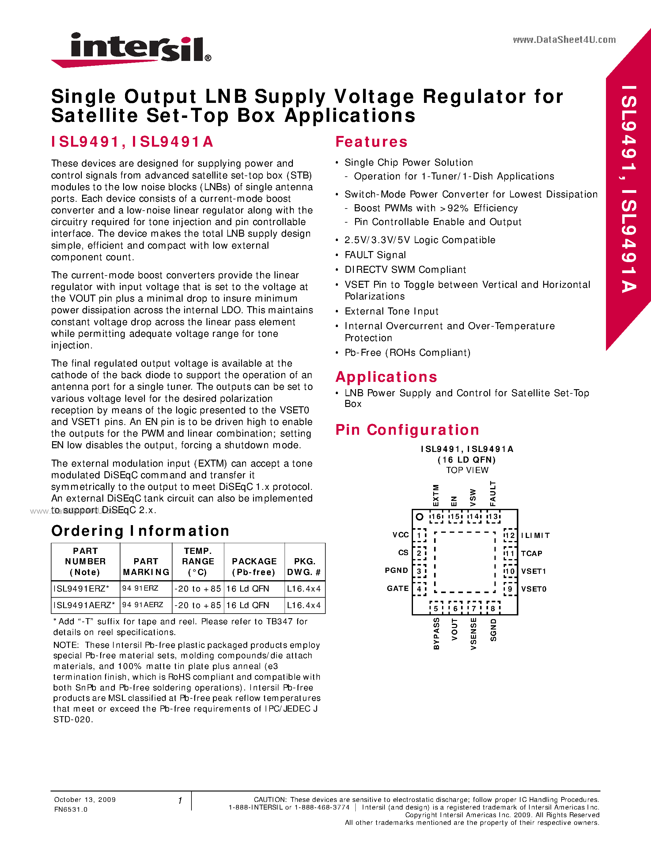 Datasheet ISL9491 - LNB Power Supply and Control page 1