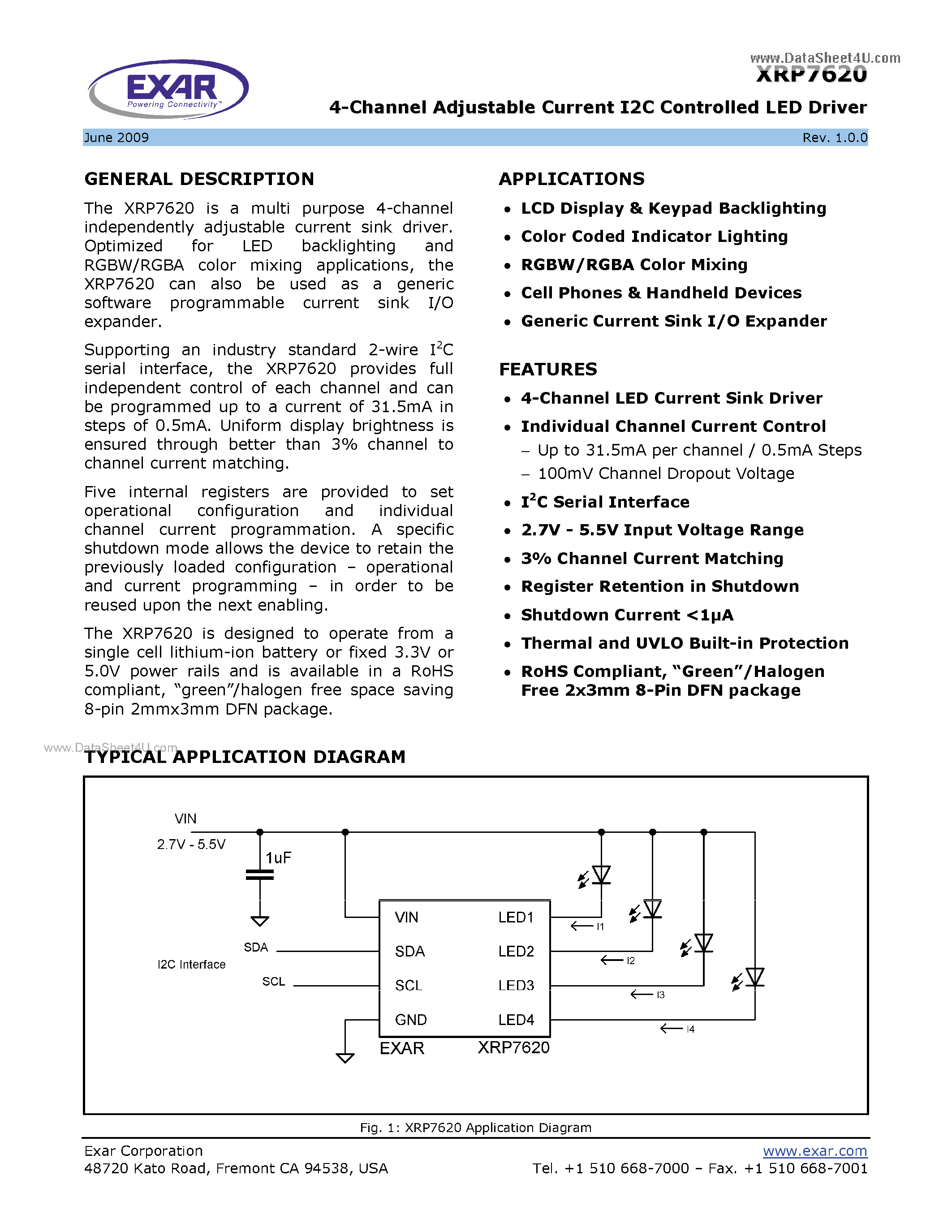 Datasheet XRP7620 - 4-Channel Adjustable Current I2C Controlled LED Driver page 1