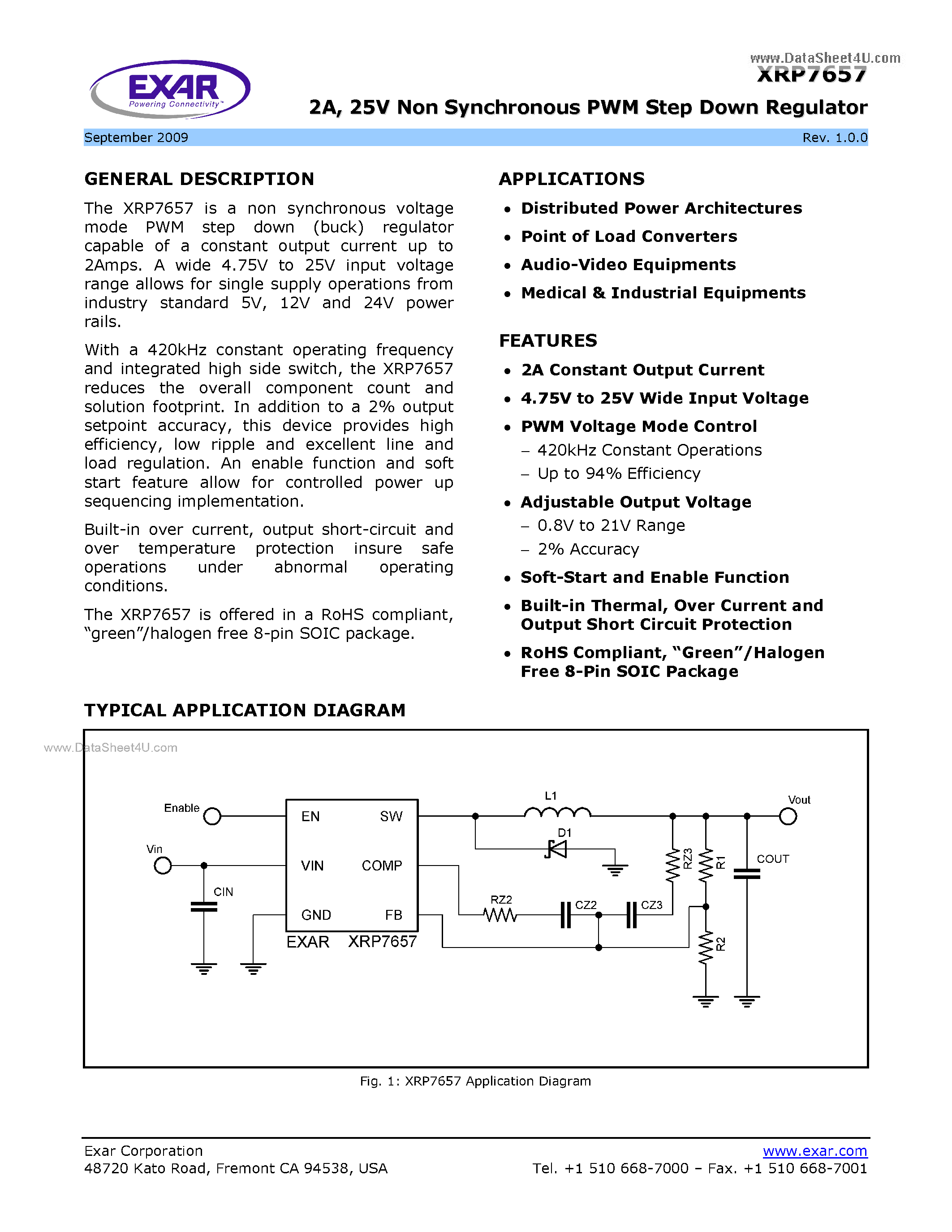 Datasheet XRP7657 - 25V Non Synchronous PWM Step Down Regulator page 1