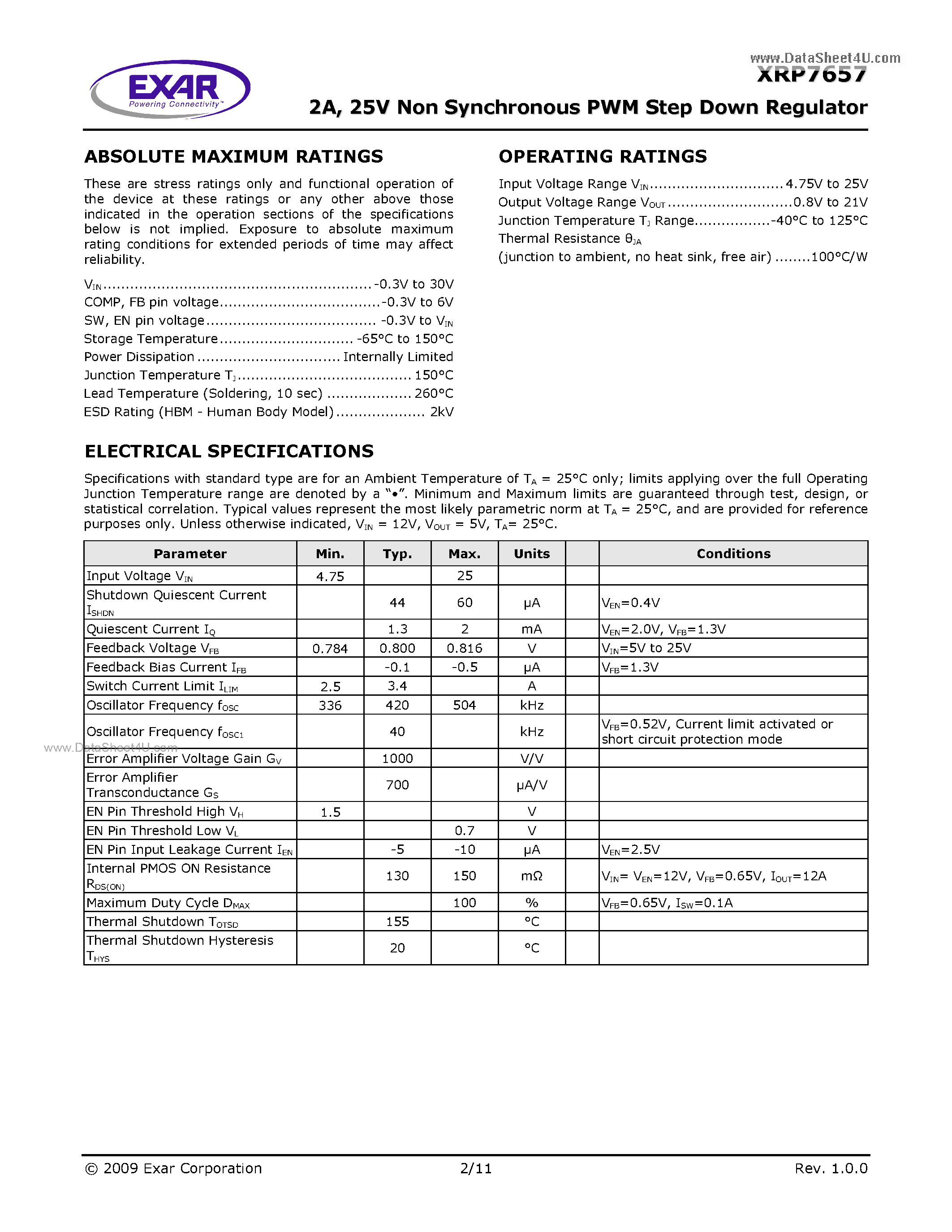 Datasheet XRP7657 - 25V Non Synchronous PWM Step Down Regulator page 2