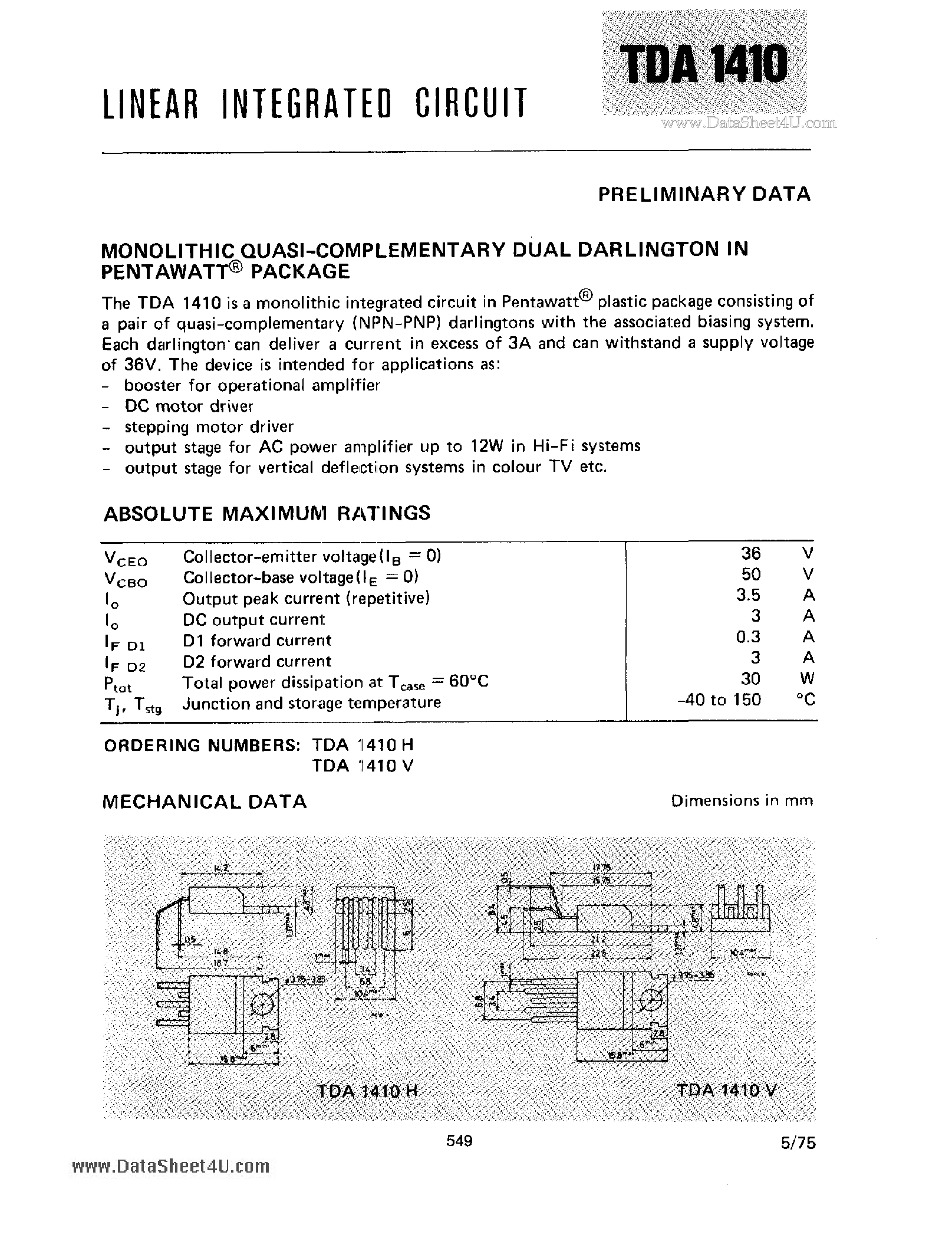 Datasheet TDA1410 - Consumer Transistor page 1