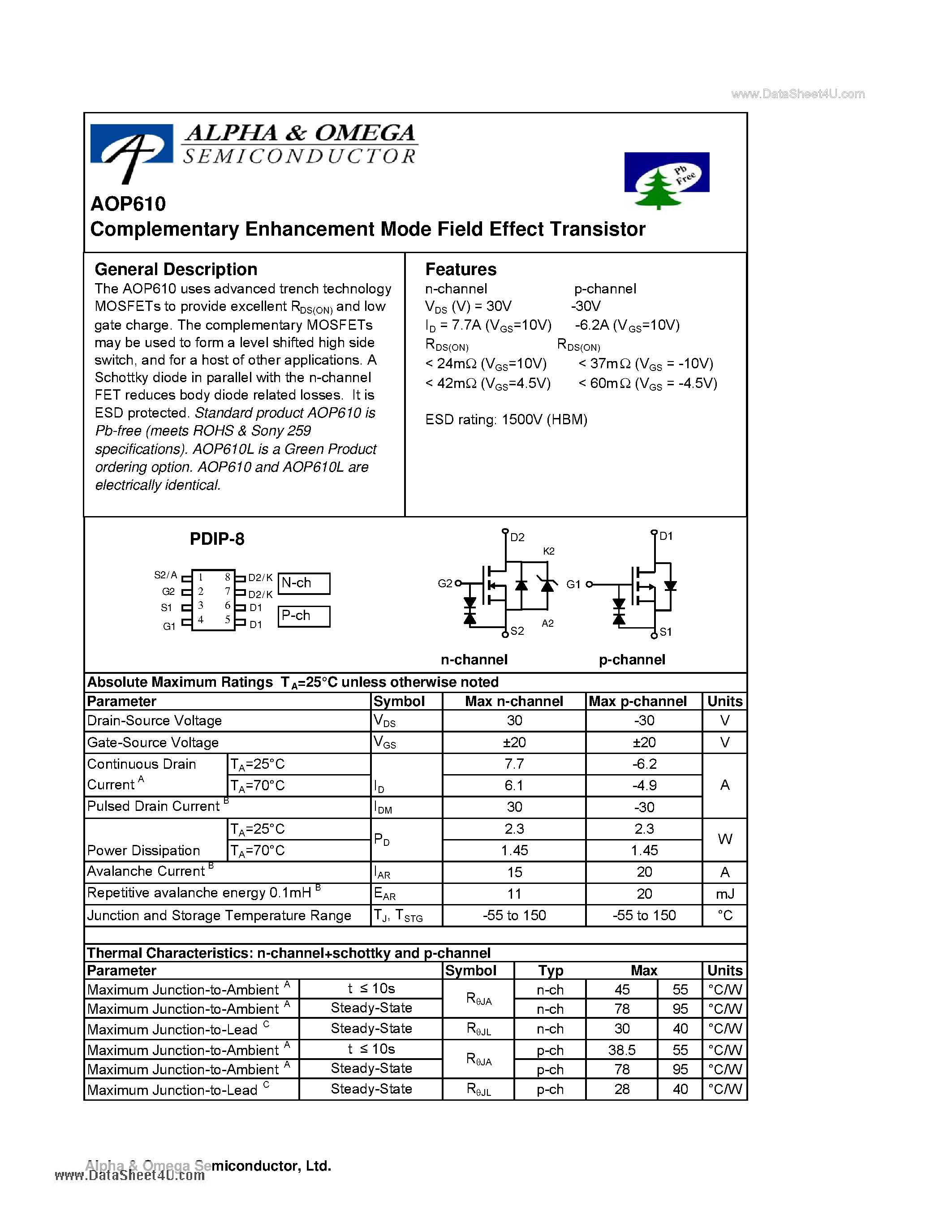 AOP610-Complementary Enhancement Mode Field Effect Transistor 