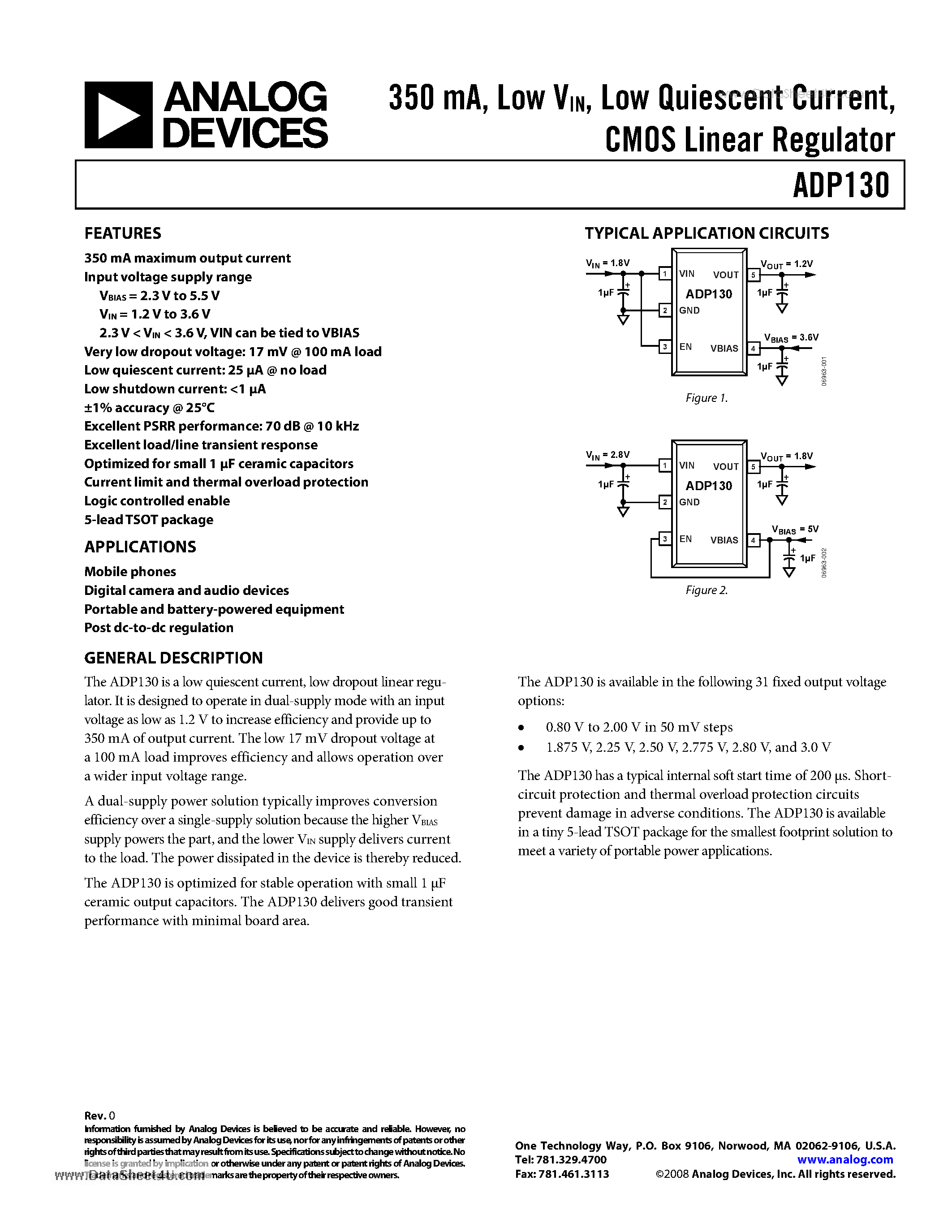 Даташит ADP130 - CMOS Linear Regulator страница 1