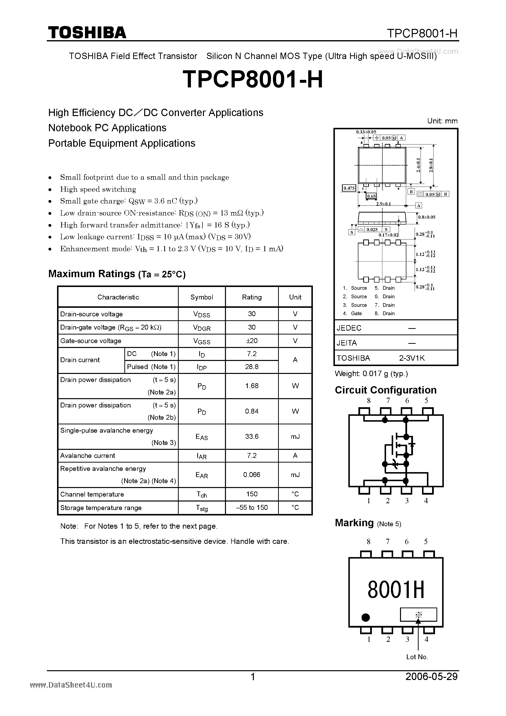 Даташит TPCP8001-H - Field Effect Transistor Silicon MOS Type страница 1