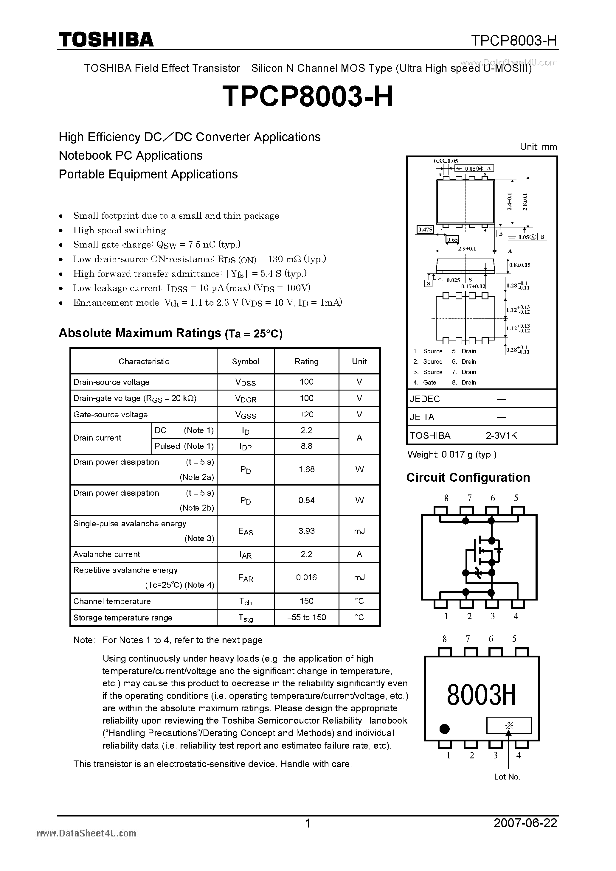 Даташит TPCP8003-H - Field Effect Transistor Silicon MOS Type страница 1