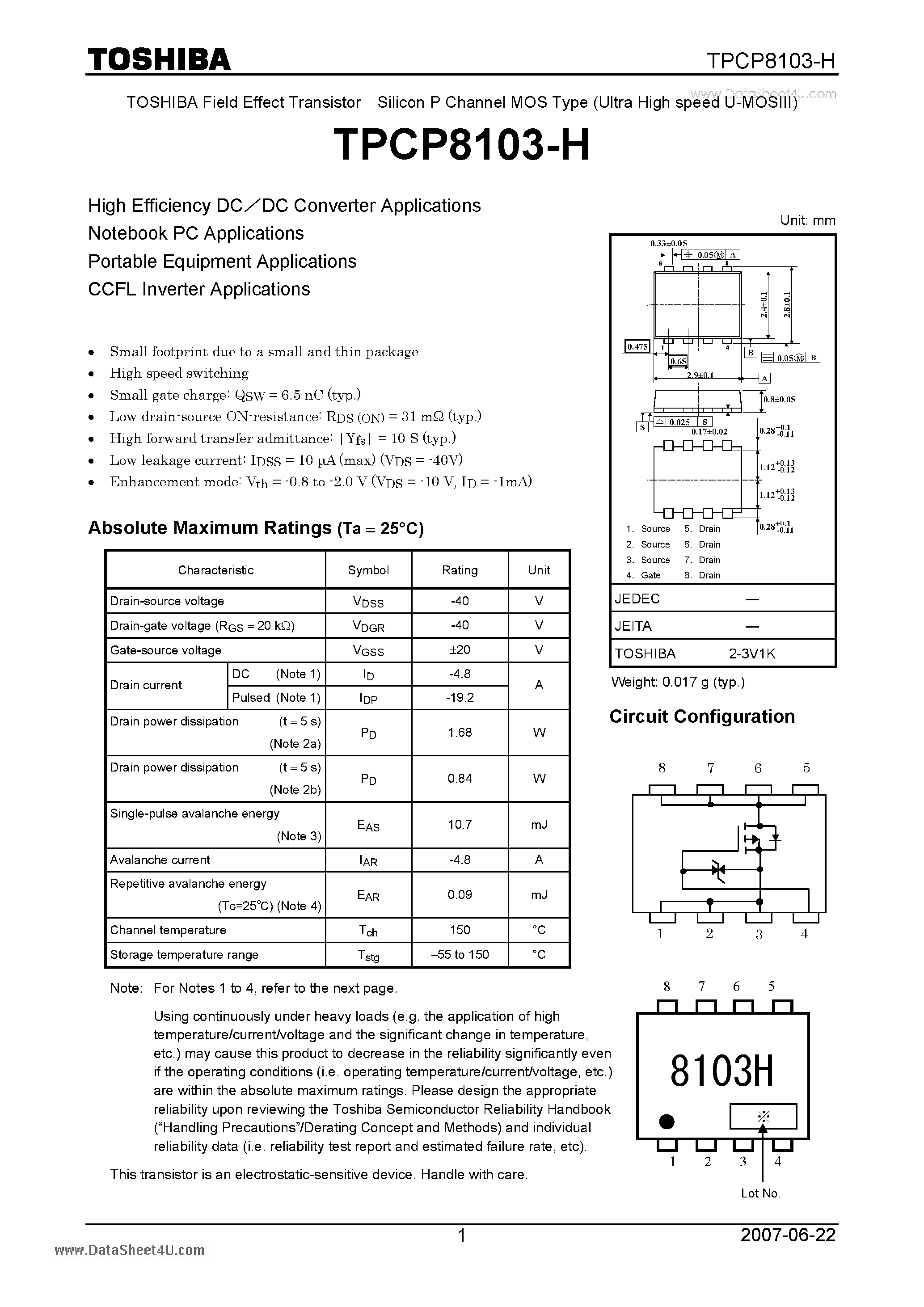 Даташит TPCP8103-H - Field Effect Transistor Silicon MOS Type страница 1