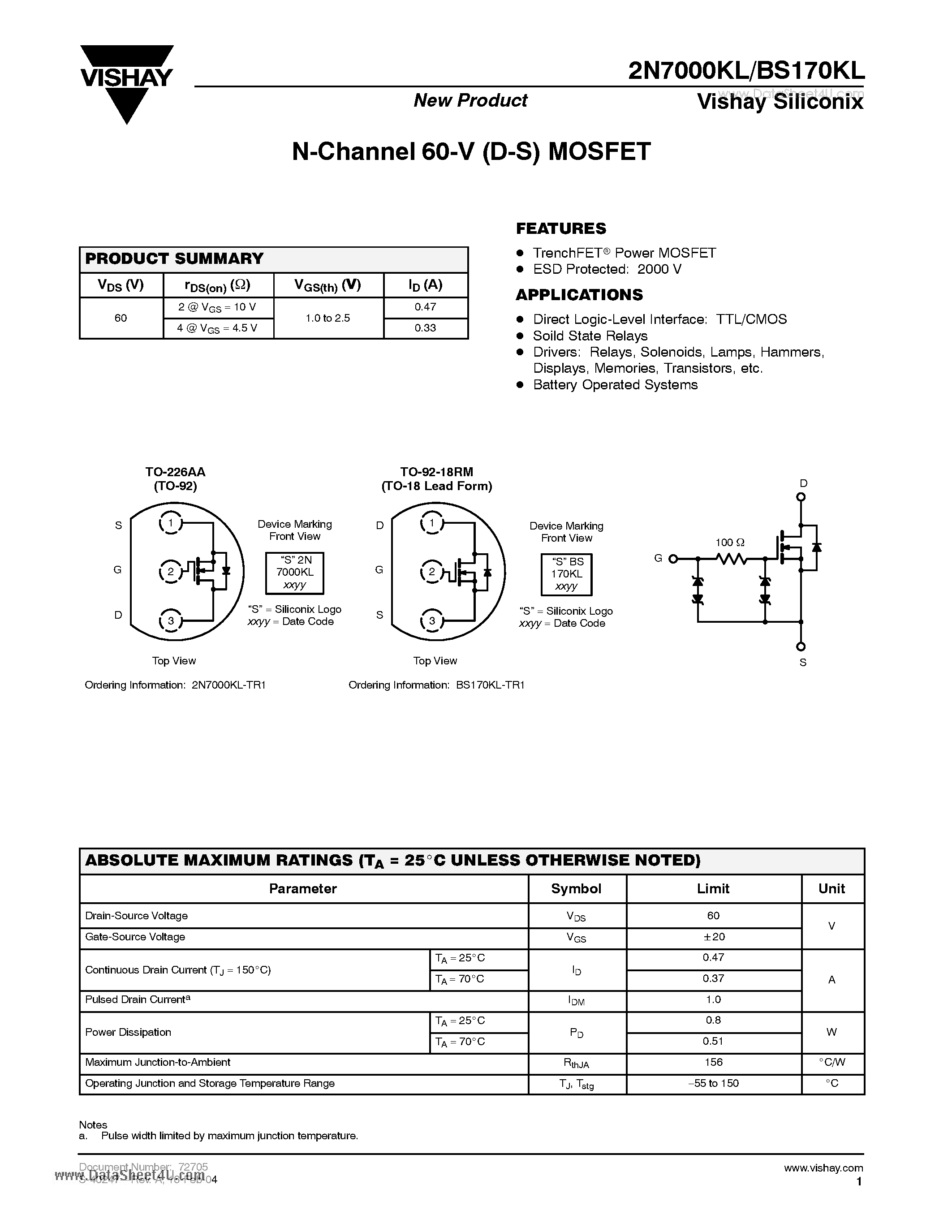 Даташит 2N7000KL - N-Channel 60-V (D-S) MOSFET страница 1