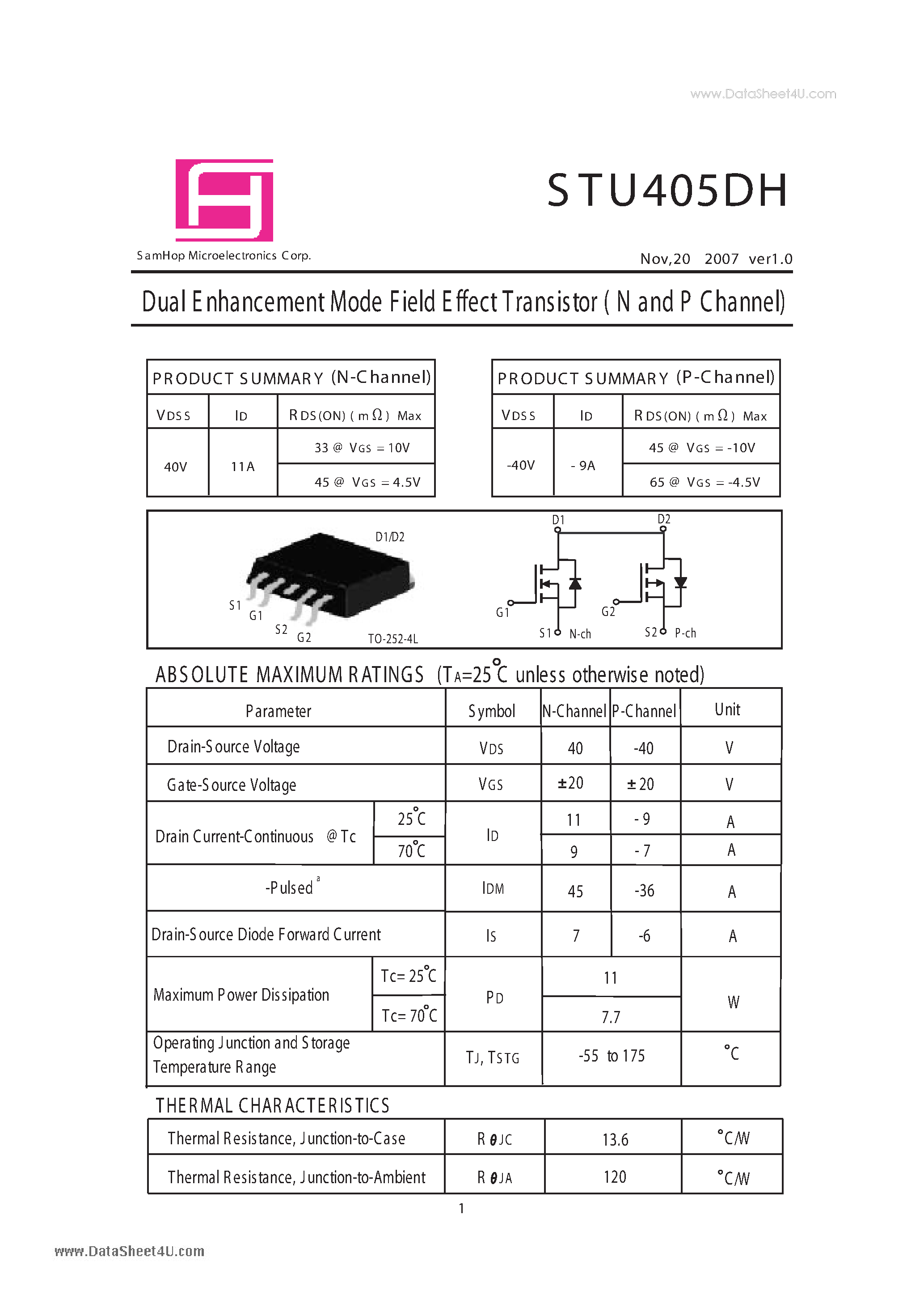 Datasheet STU405DH - Dual E nhancement Mode Field E ffect Transistor page 1