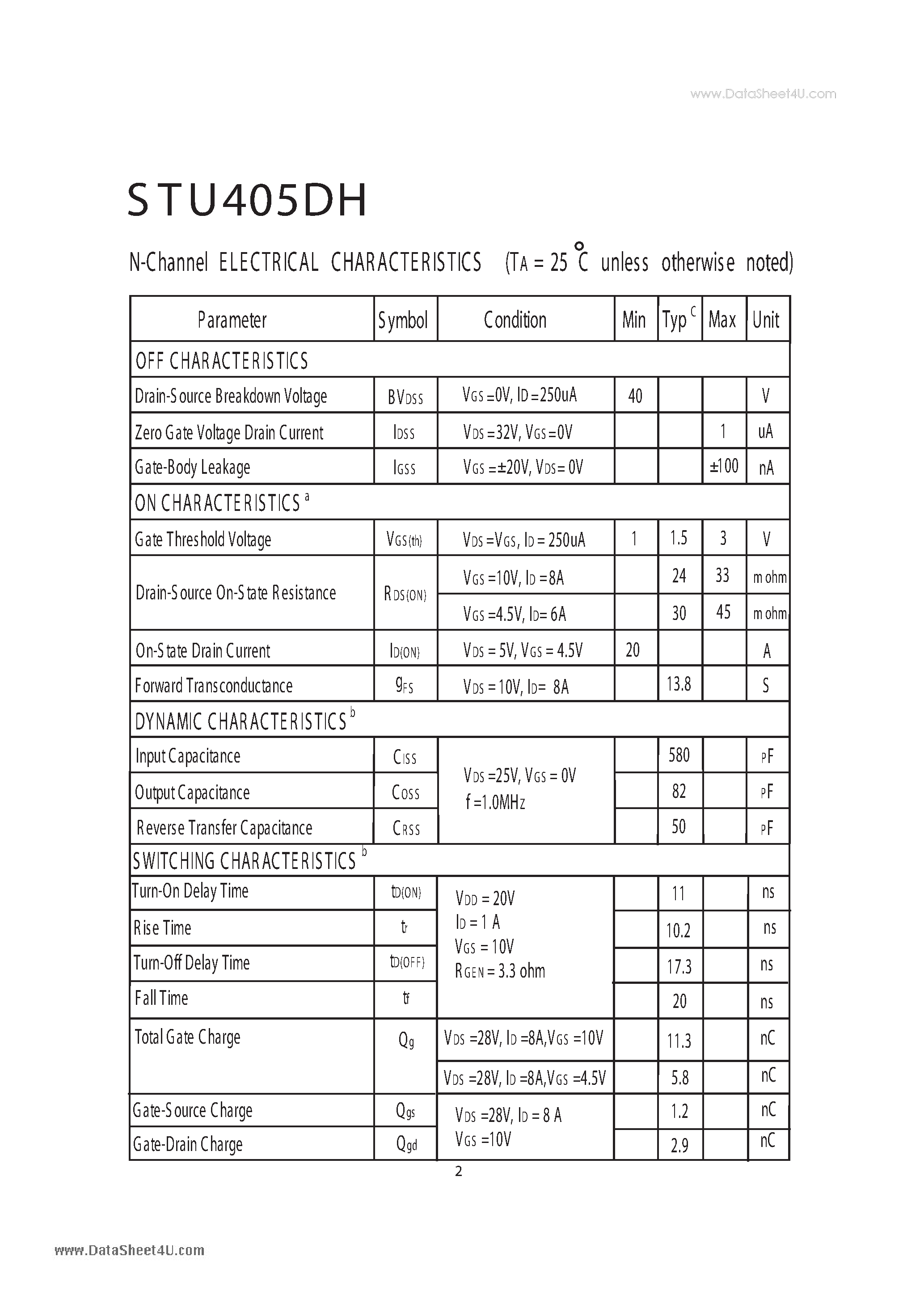 Datasheet STU405DH - Dual E nhancement Mode Field E ffect Transistor page 2