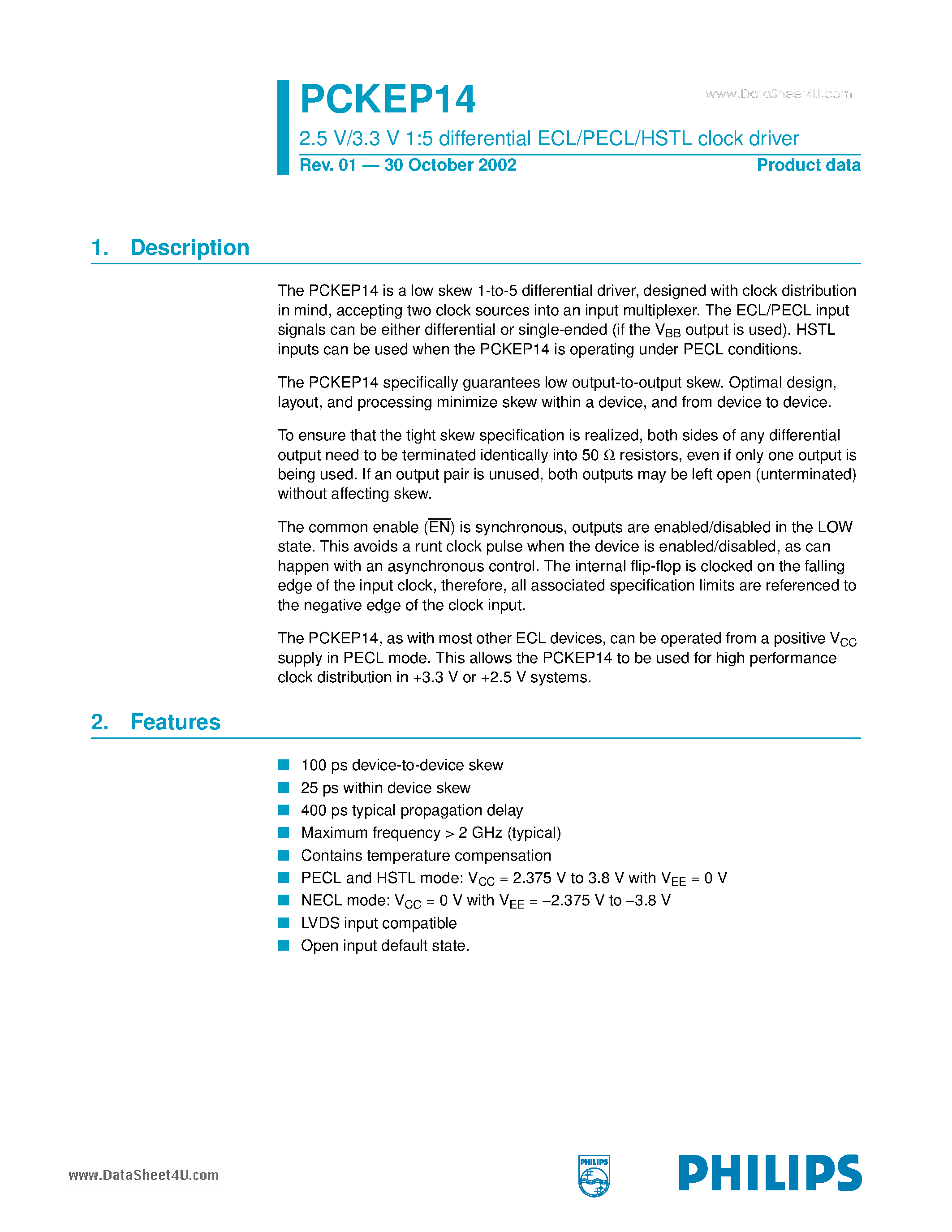 Даташит PCKEP14 - 2.5 V/3.3 V 1:5 differential ECL/PECL/HSTL clock driver страница 1
