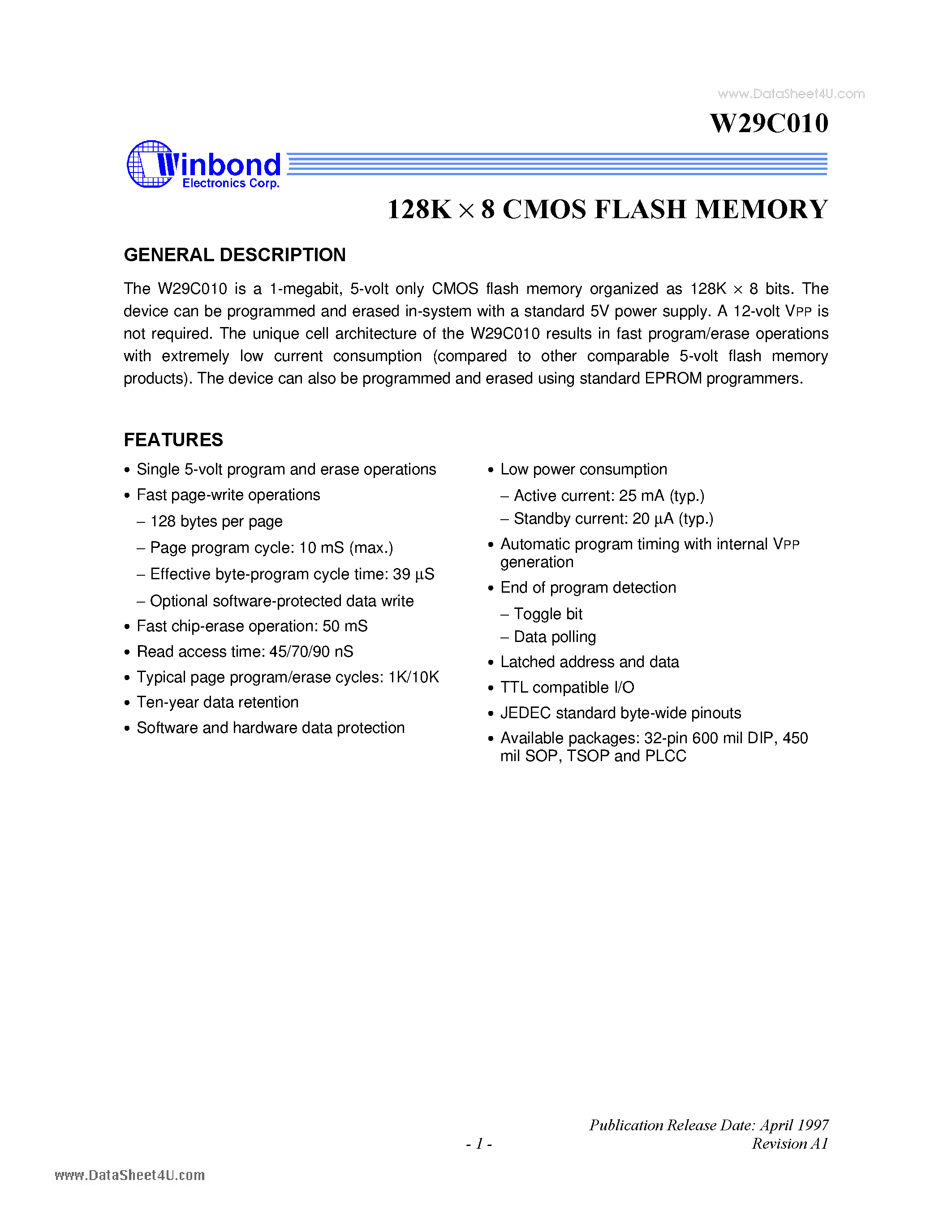 Datasheet W29C010 - 128K X 8 CMOS FLASH MEMORY page 1