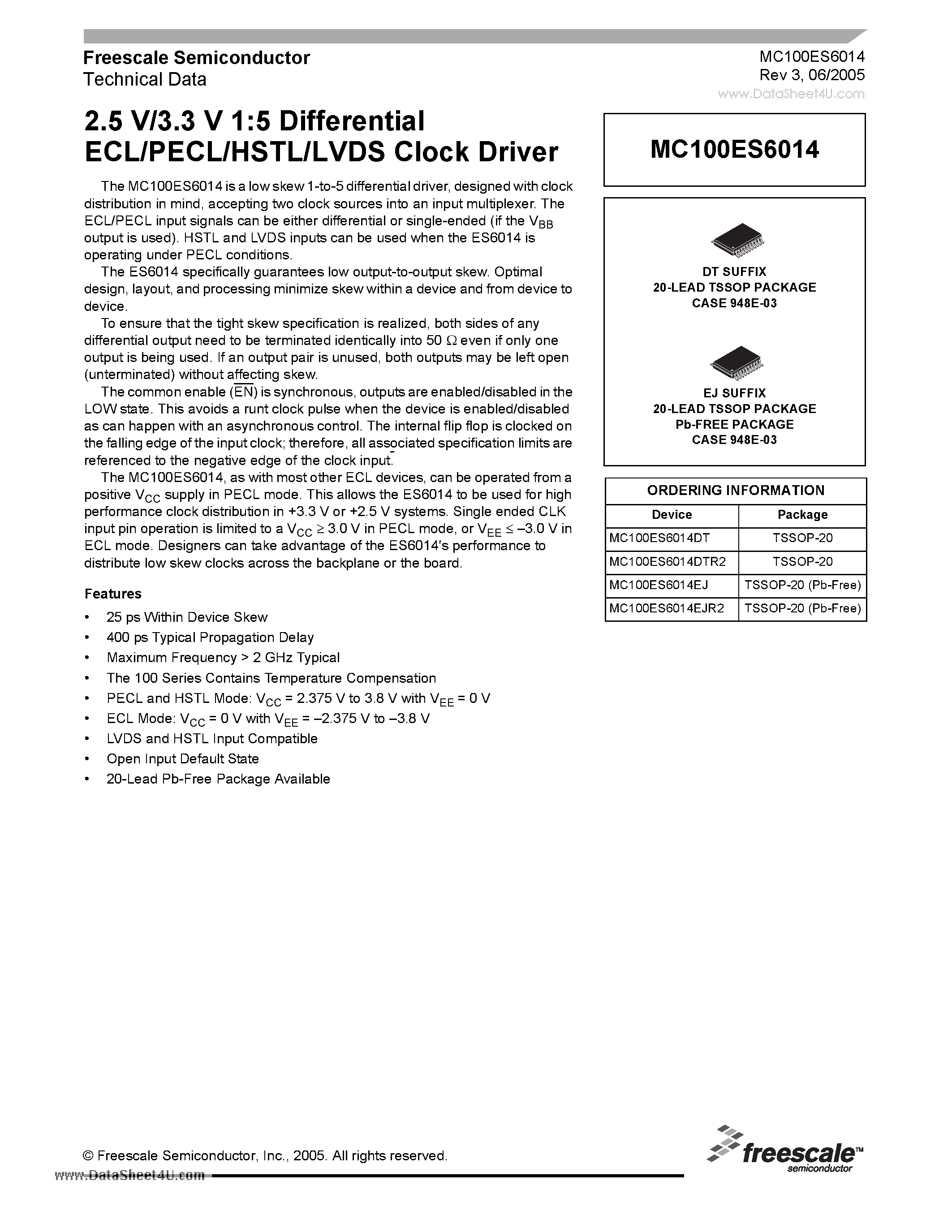 Datasheet MC100ES6014 - 2.5 V/3.3 V 1:5 Differential ECL/PECL/HSTL/LVDS Clock Driver page 1