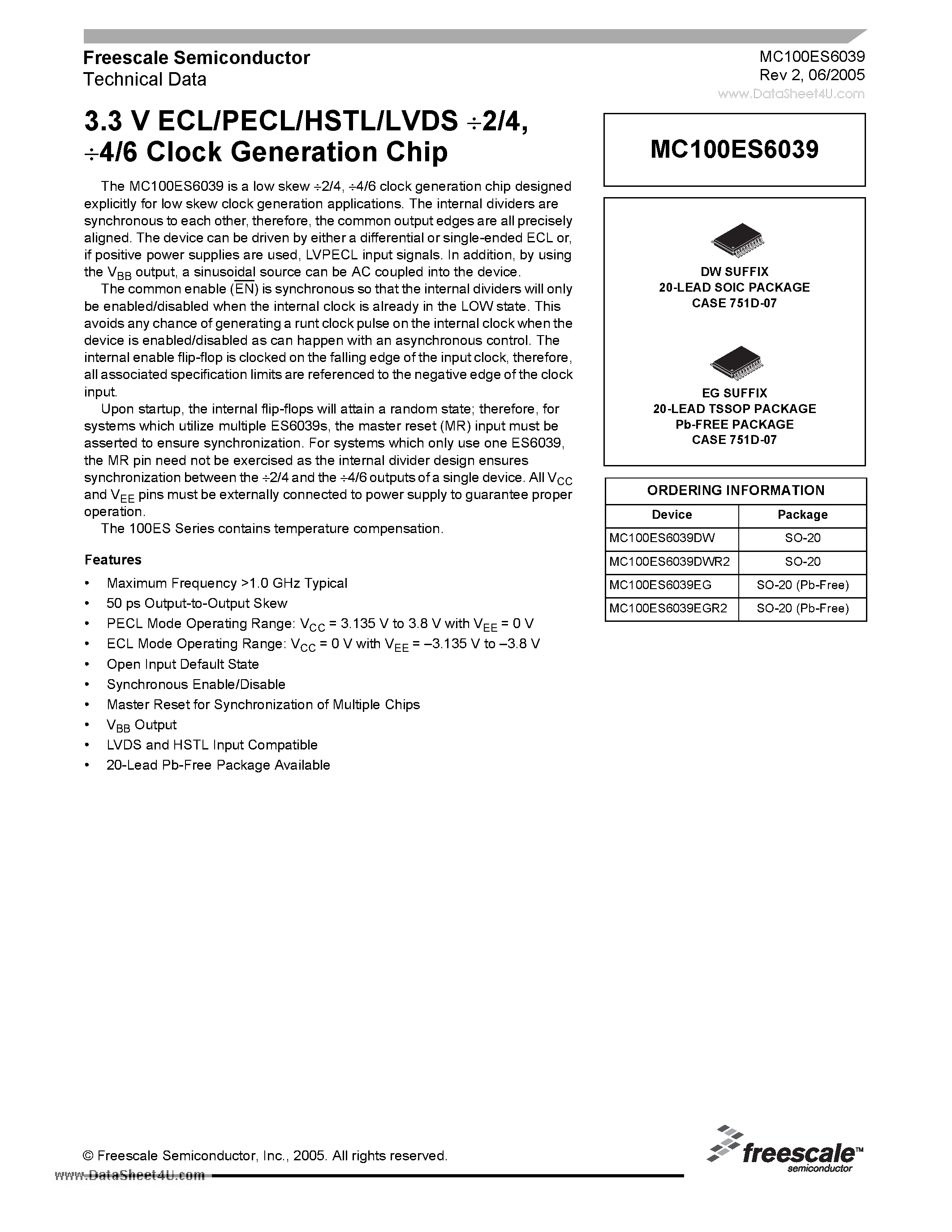 Datasheet MC100ES6039 - 3.3V ECL/PECL/HSTL/LVDS Generation Chip page 1