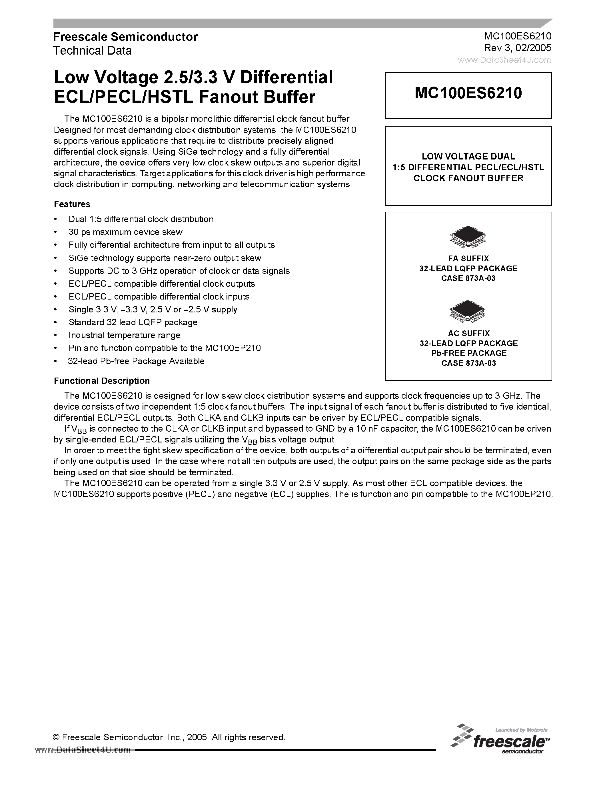 Datasheet MC100ES6210 - Low Voltage 2.5/3.3 V Differential ECL/PECL/HSTL Fanout Buffer page 1