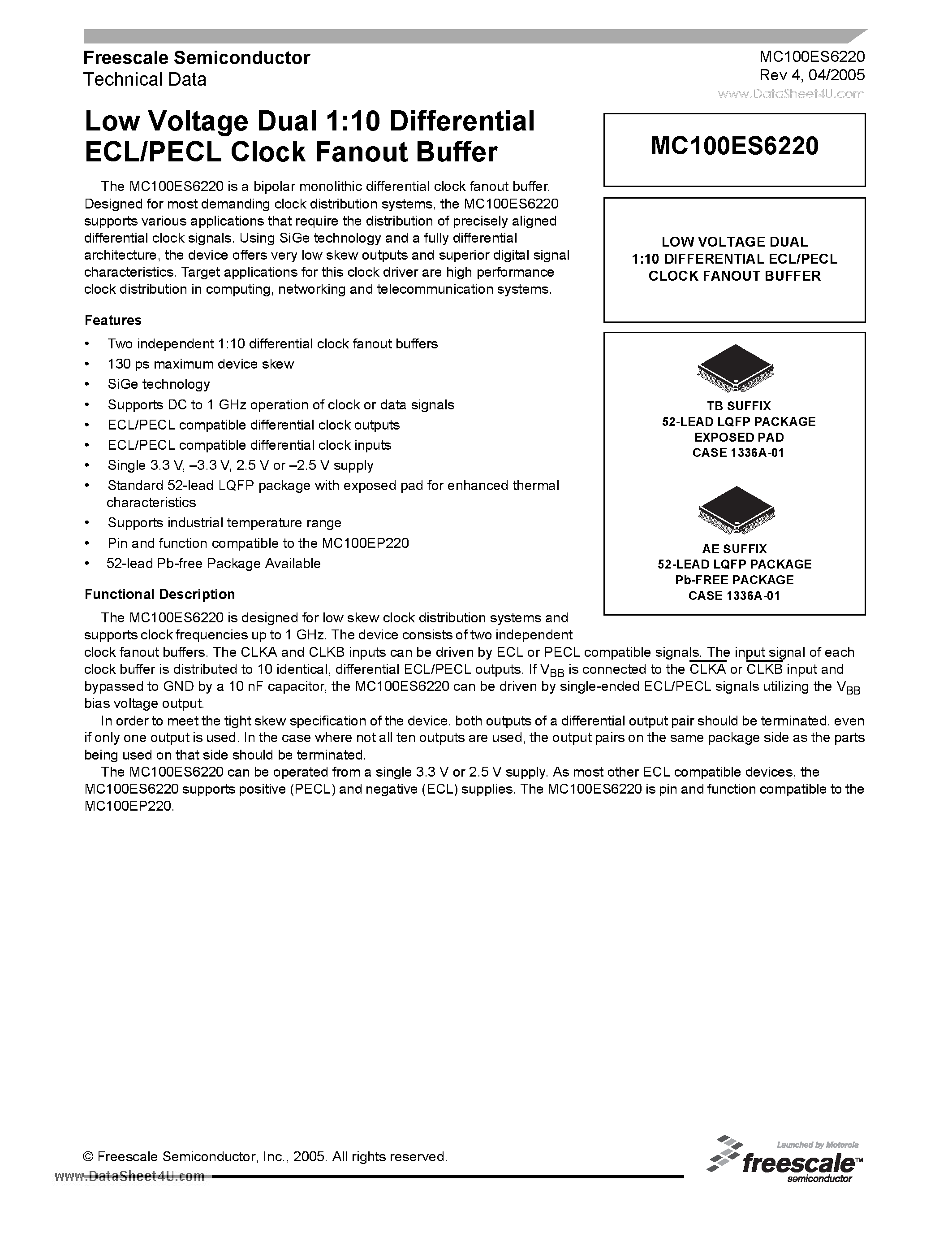 Datasheet MC100ES6220 - Low Voltage Dual 1:10 Differential ECL/PECL Clock Fanout Buffer page 1