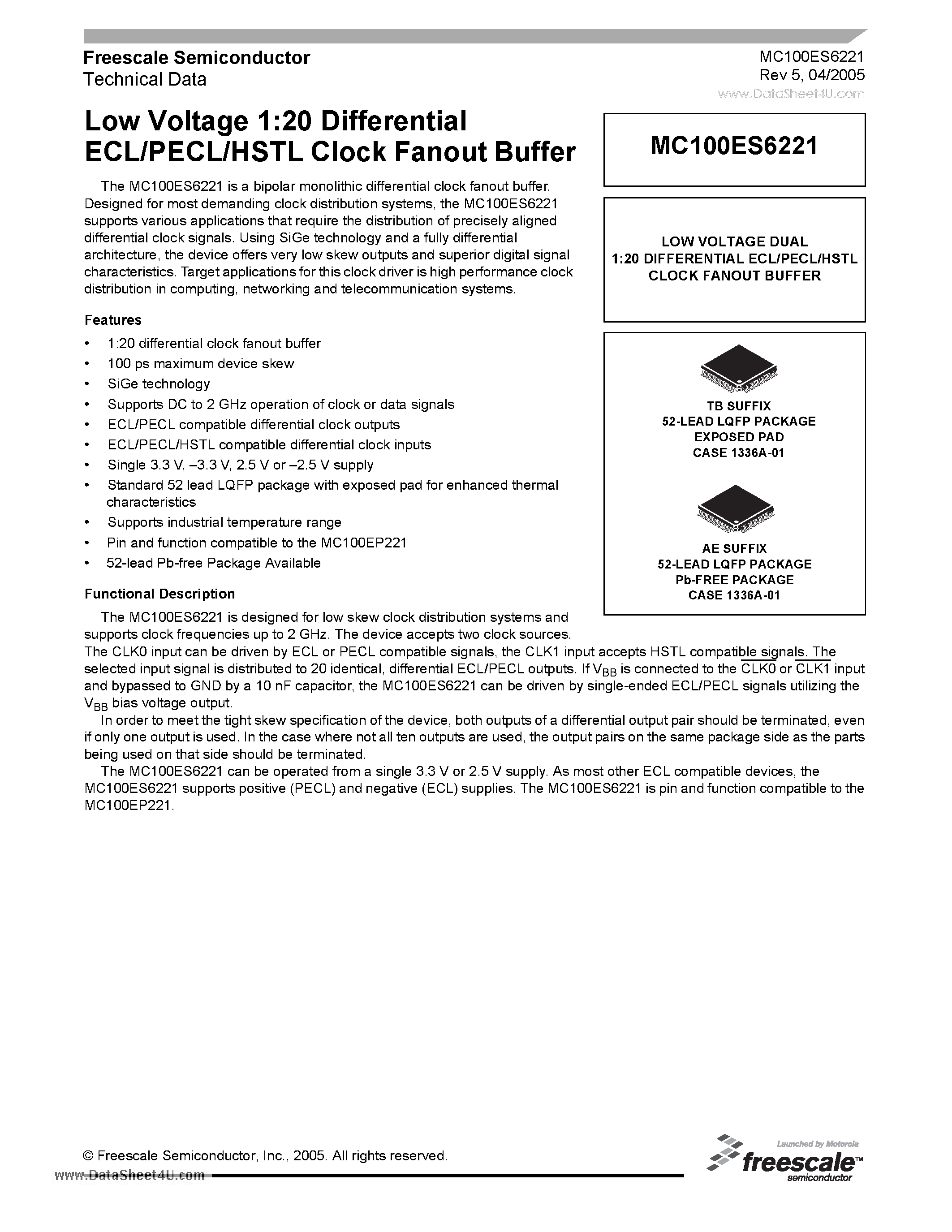 Datasheet MC100ES6221 - Low Voltage 1:20 Differential ECL/PECL/HSTL Clock Fanout Buffer page 1