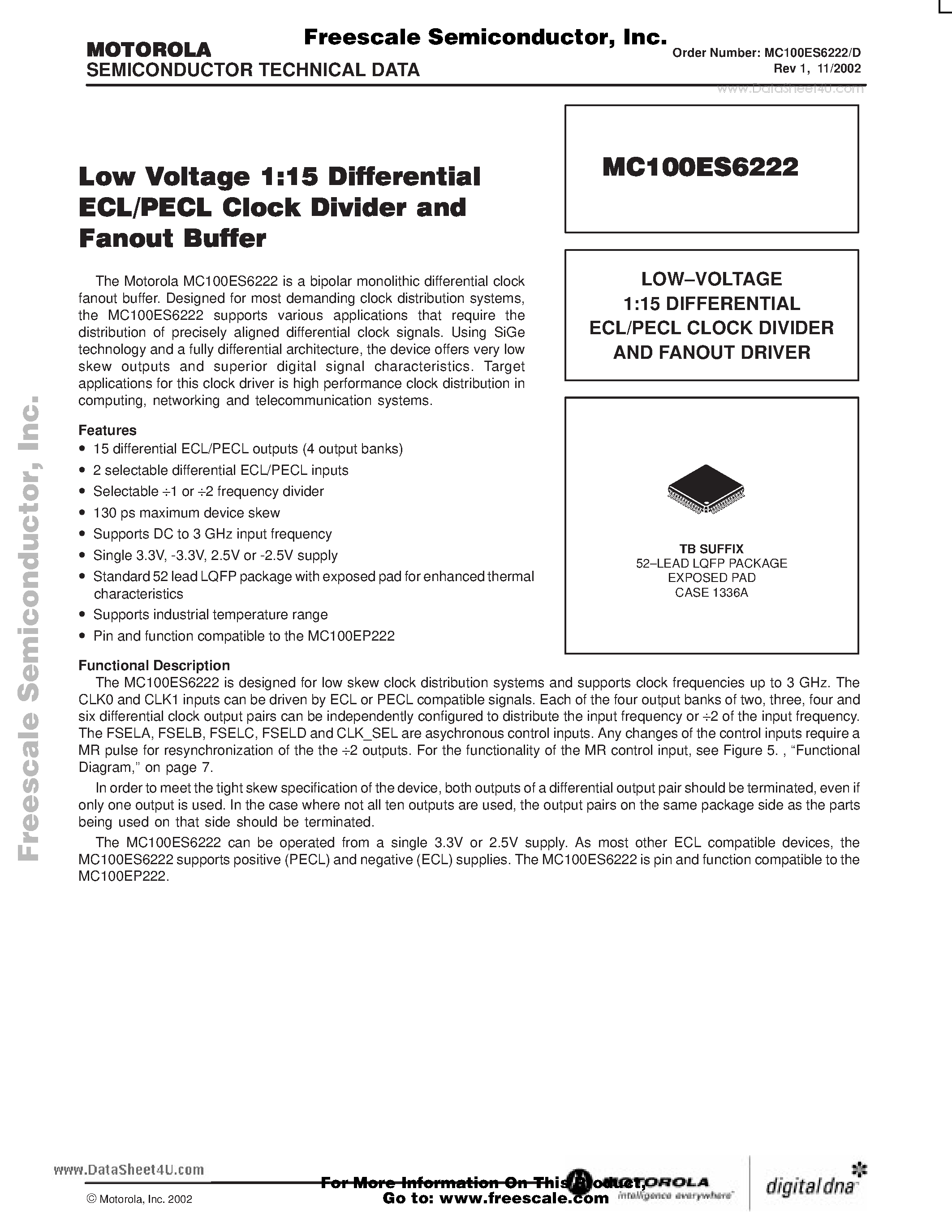 Datasheet MC100ES6222 - Low Voltage 1:15 Differential ECL/PECL Clock Divider and Fanout Buffer page 1